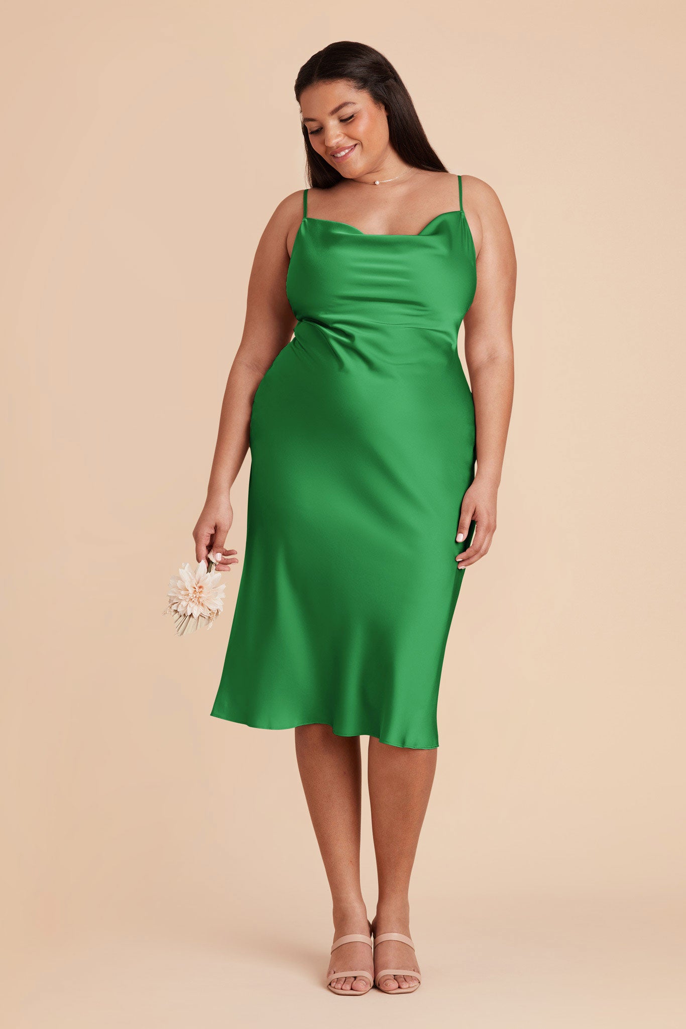 Lisa Matte Satin Cowl Neck Midi Slip Bridesmaid Dress in Kelly Green |  Birdy Grey