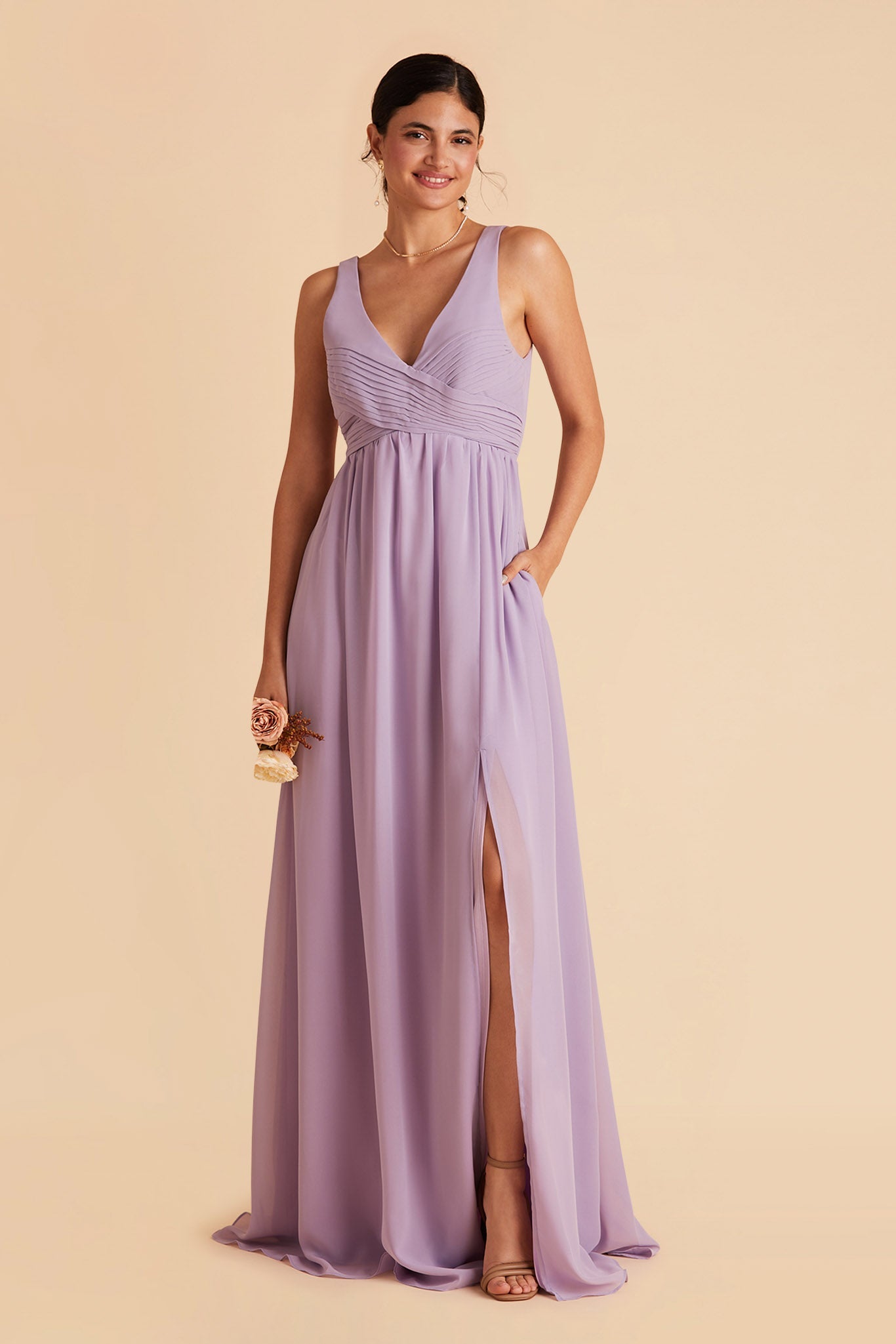 Laurie Empire maternity bridesmaid dress with slit in lavender by Birdy Grey, front view