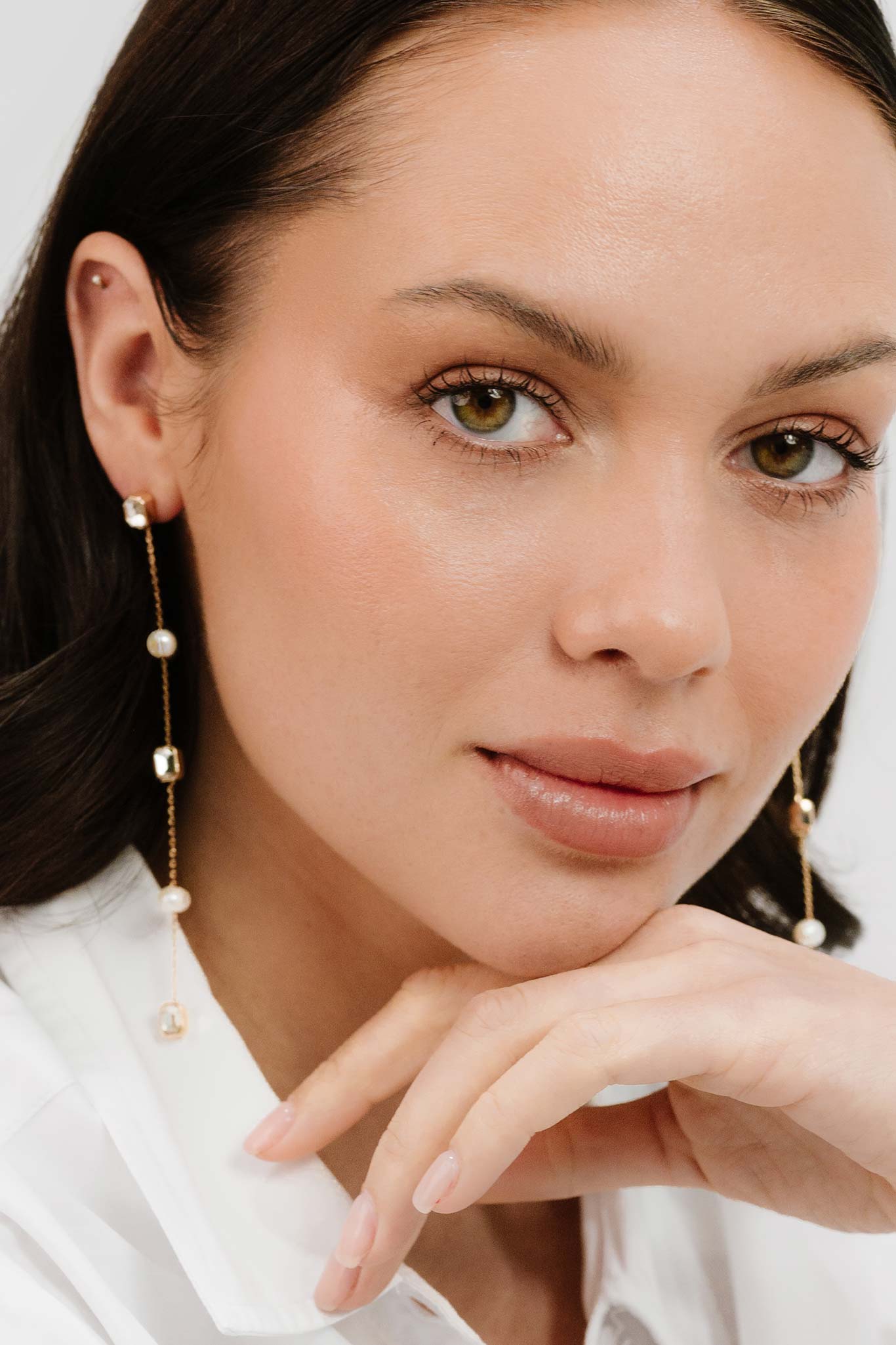 Pearl Marbella and Crystal Linear Drop Earrings by Birdy Grey