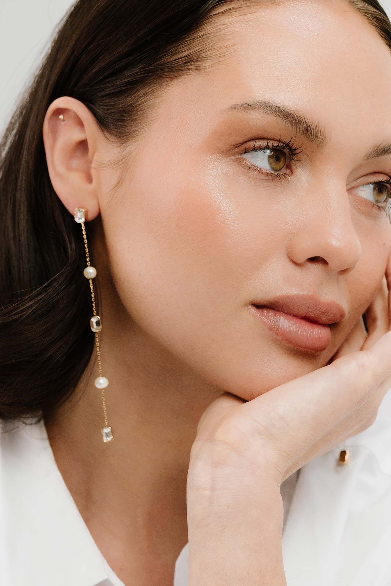 Pearl Marbella and Crystal Linear Drop Earrings by Birdy Grey