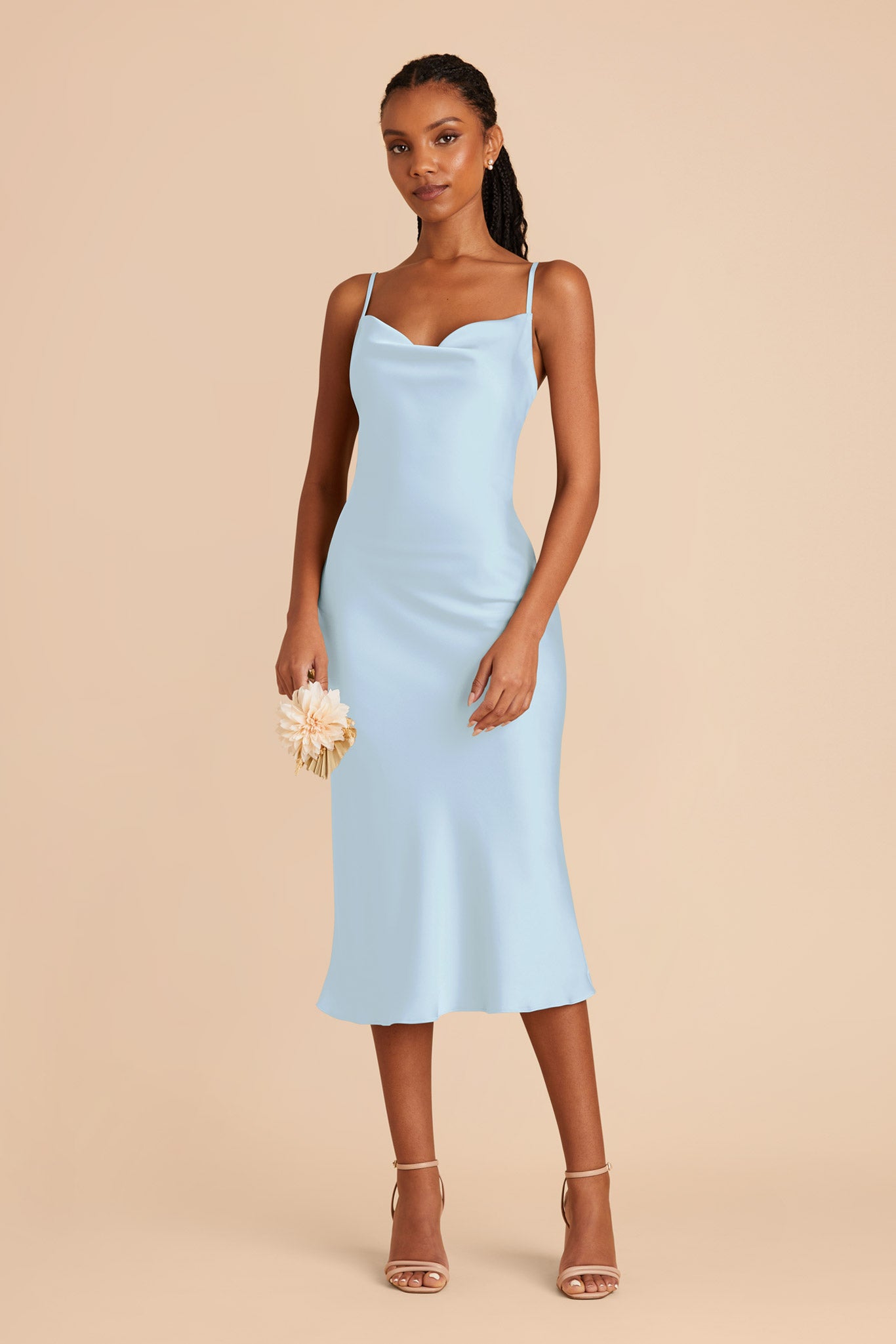 Lisa Matte Satin Cowl Neck Midi Slip Bridesmaid Dress in Mist Blue | Page |  Birdy Grey