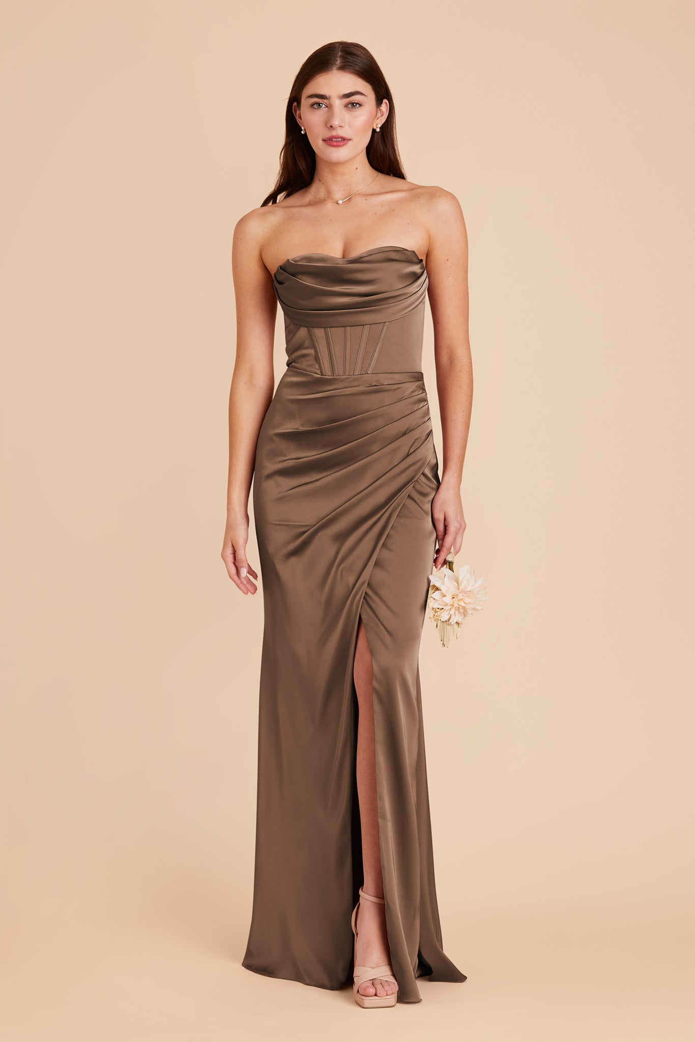 Mocha Carrie Convertible Matte Satin Dress by Birdy Grey