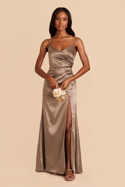 Mocha Catherine Shiny Satin Dress by Birdy Grey