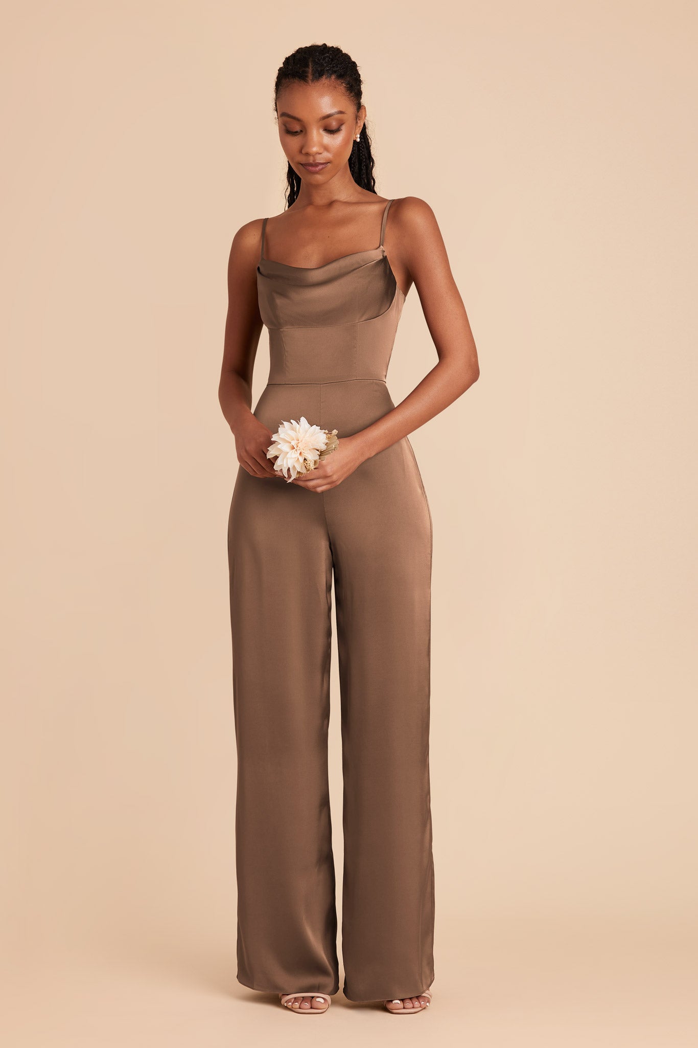 Mocha Donna Matte Satin Jumpsuit by Birdy Grey