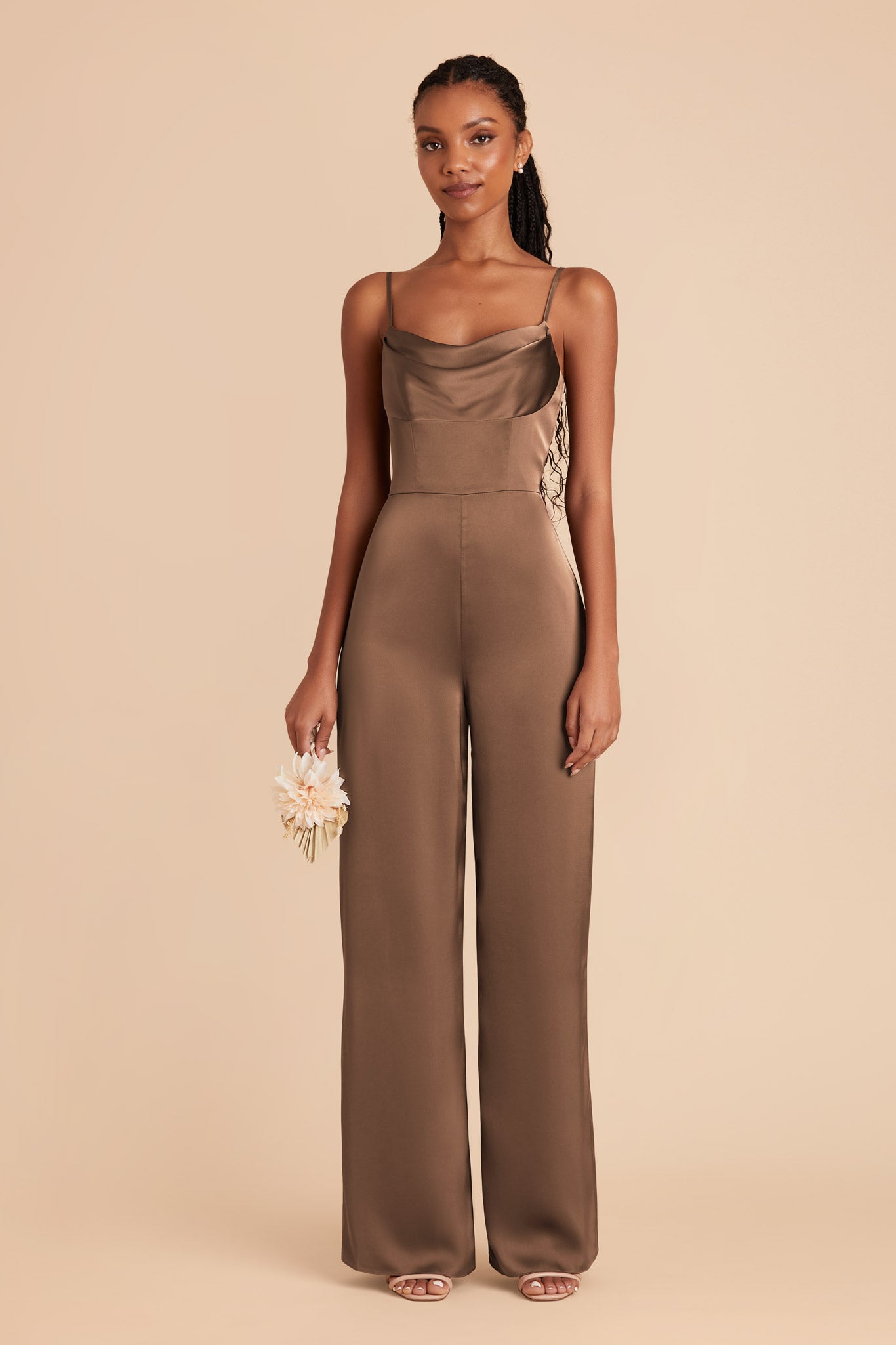 Mocha Donna Matte Satin Jumpsuit by Birdy Grey