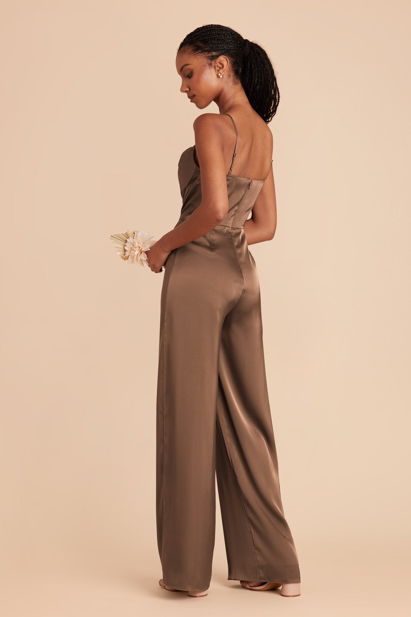 Mocha Donna Matte Satin Jumpsuit by Birdy Grey