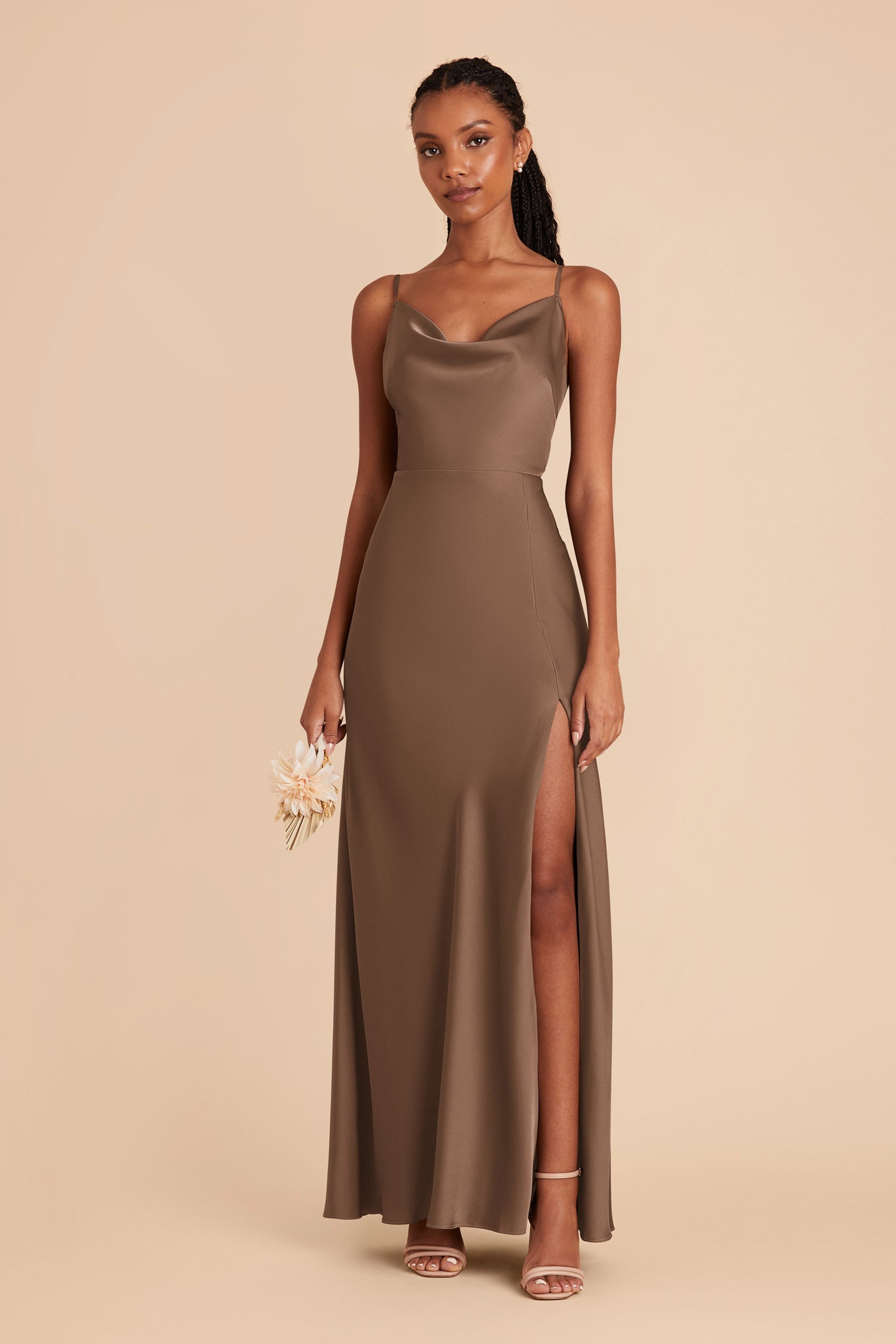 Mocha Lisa Long Matte Satin Dress by Birdy Grey