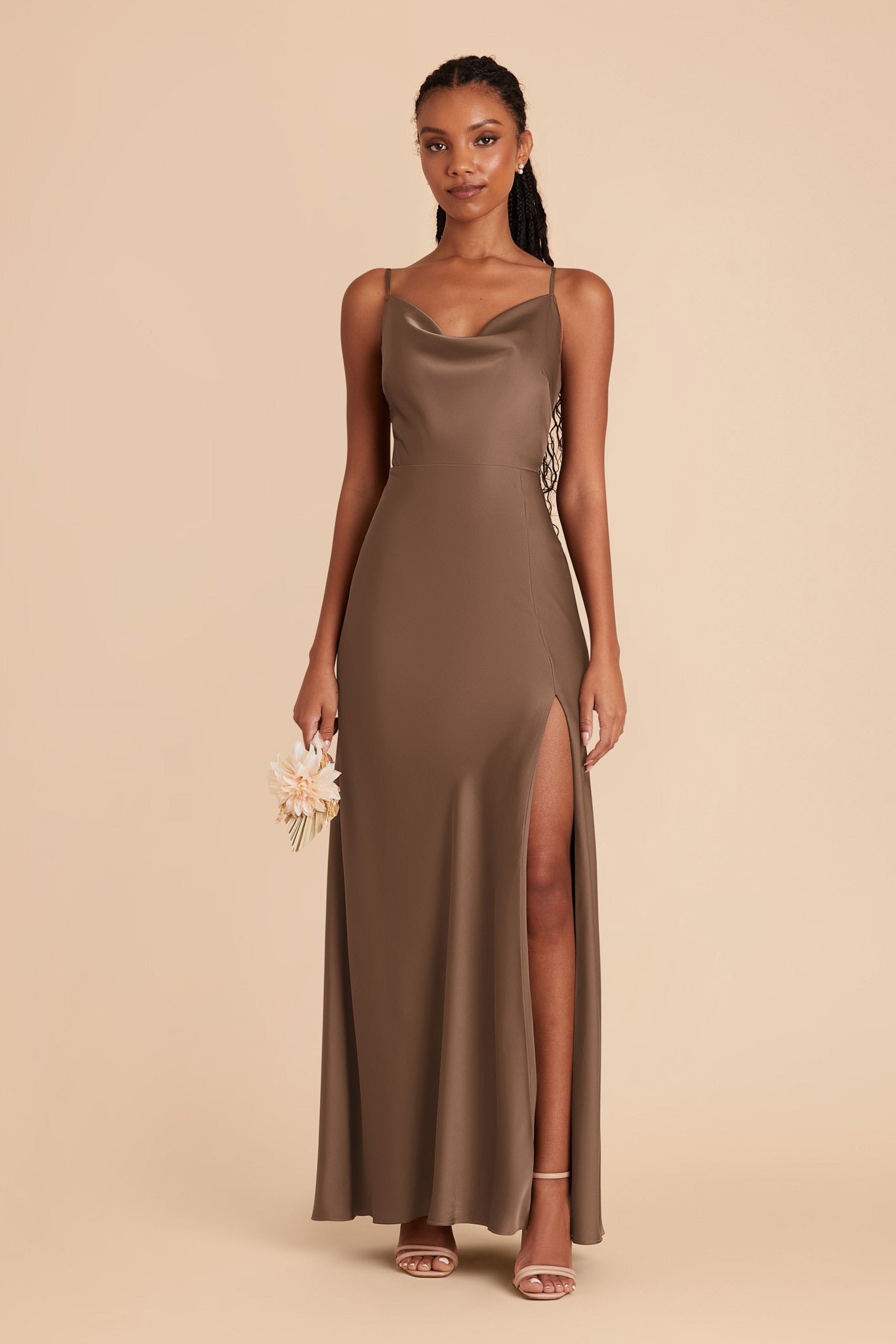 Mocha Lisa Long Matte Satin Dress by Birdy Grey