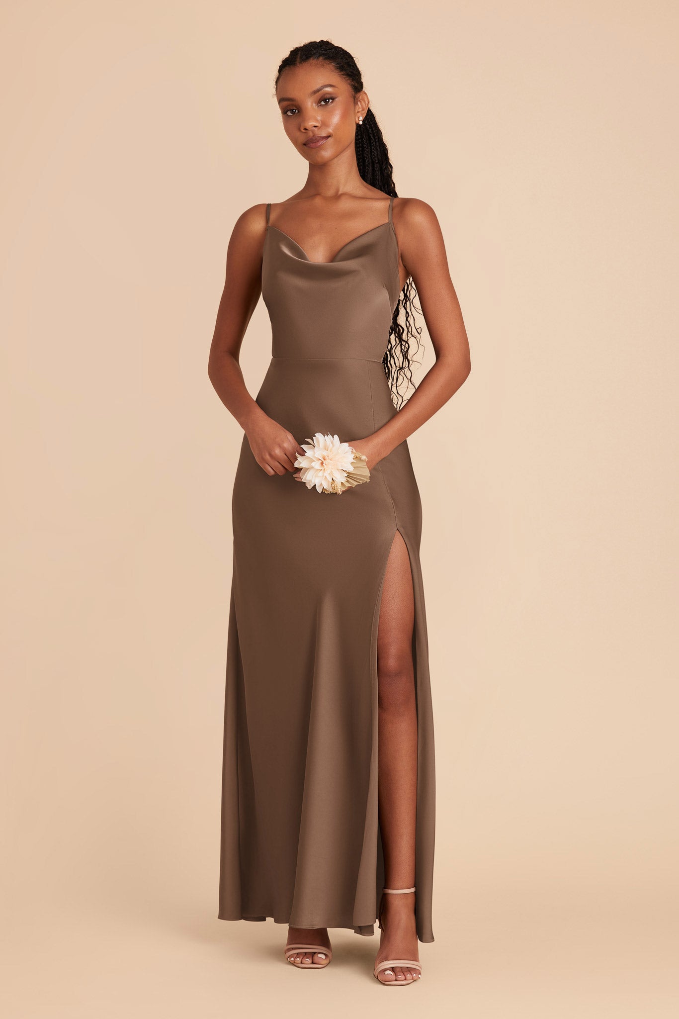 Mocha Lisa Long Matte Satin Dress by Birdy Grey