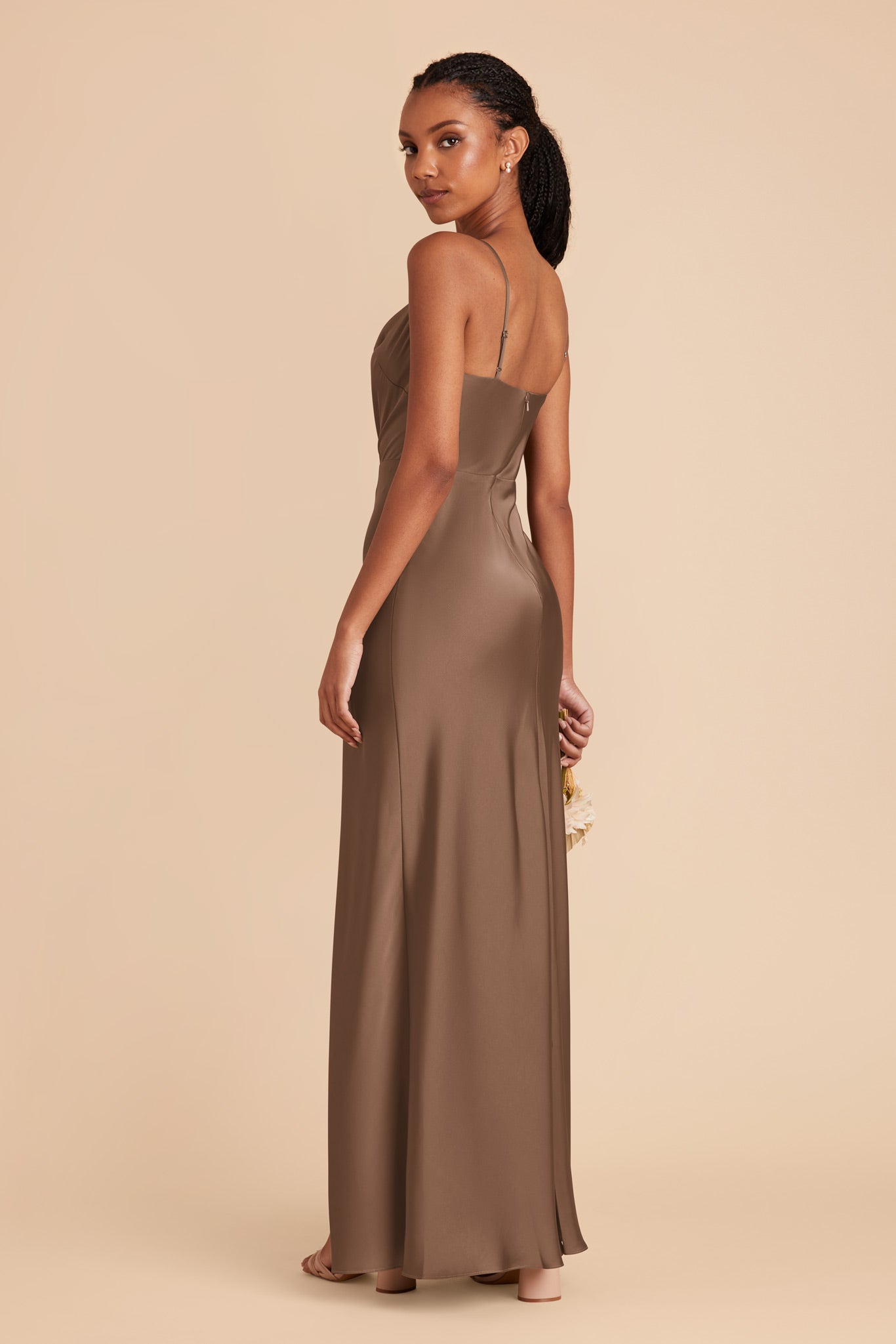 Mocha Lisa Long Matte Satin Dress by Birdy Grey