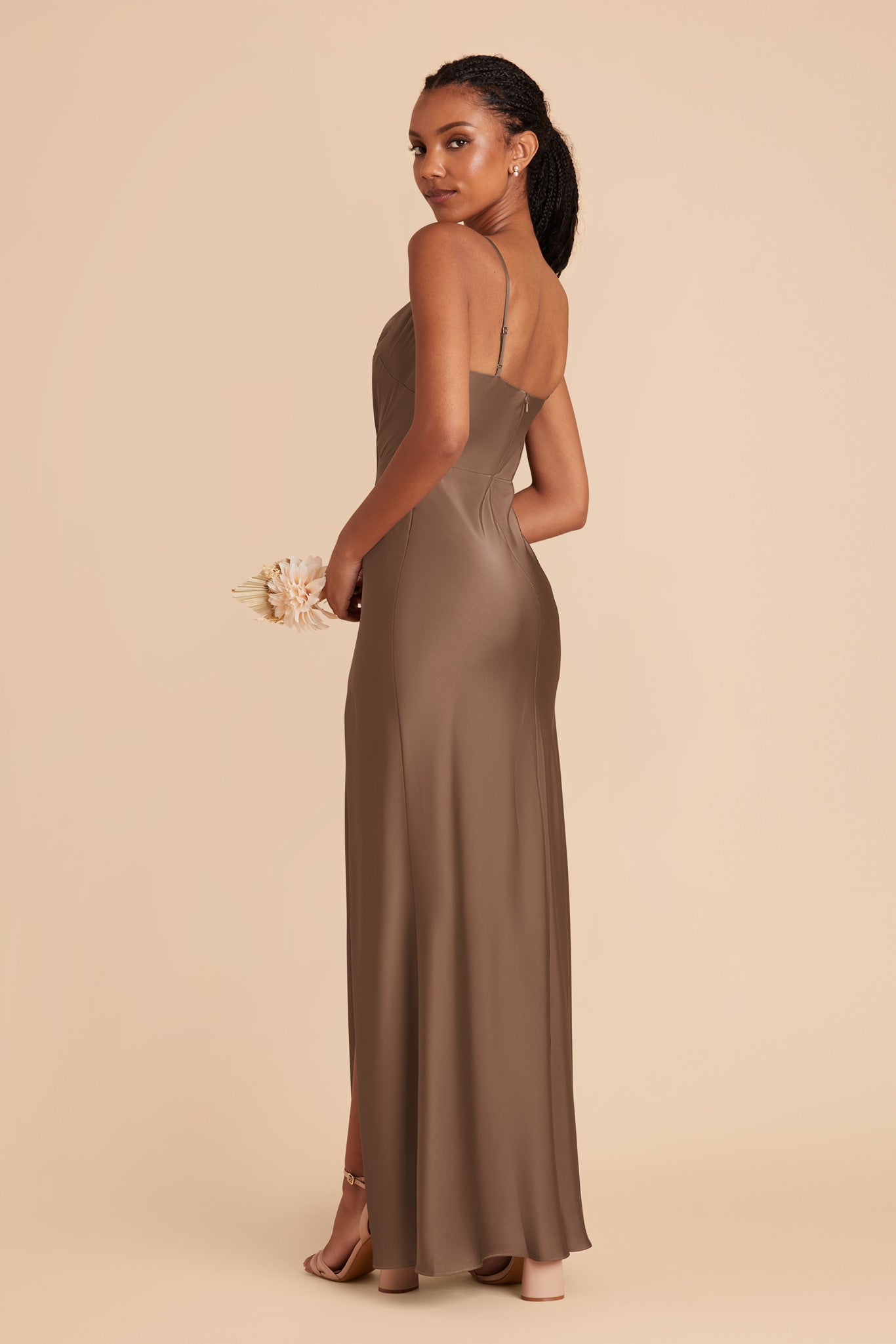 Mocha Lisa Long Matte Satin Dress by Birdy Grey