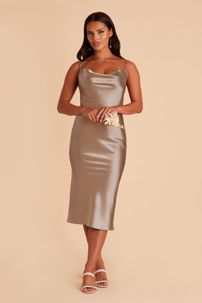 Mocha Lisa Satin Midi Dress by Birdy Grey