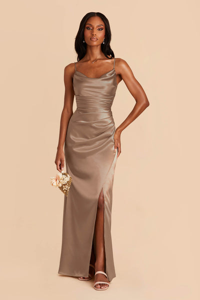 Mocha Lydia Shiny Satin Dress by Birdy Grey