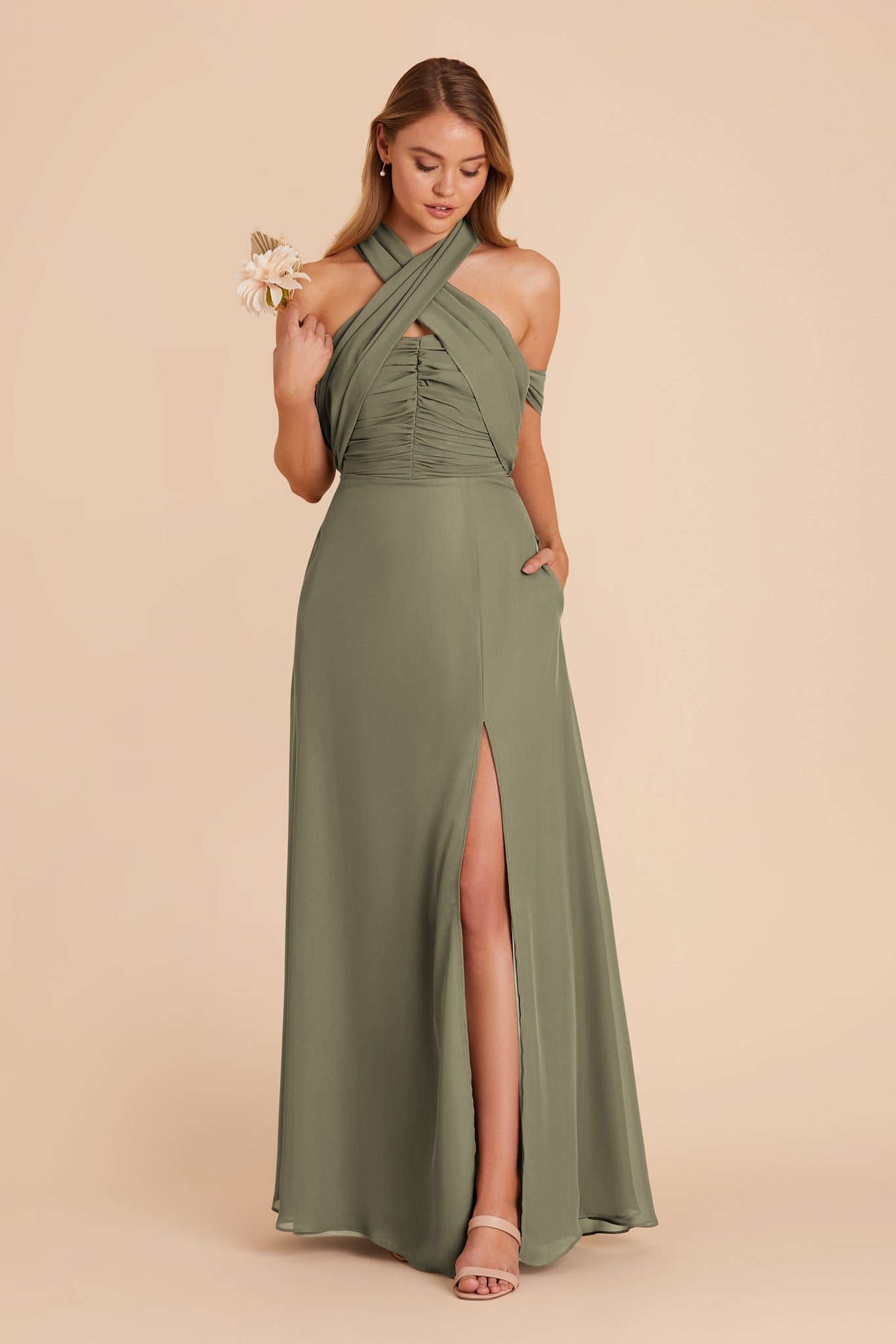 Moss Green Cara Chiffon Dress by Birdy Grey