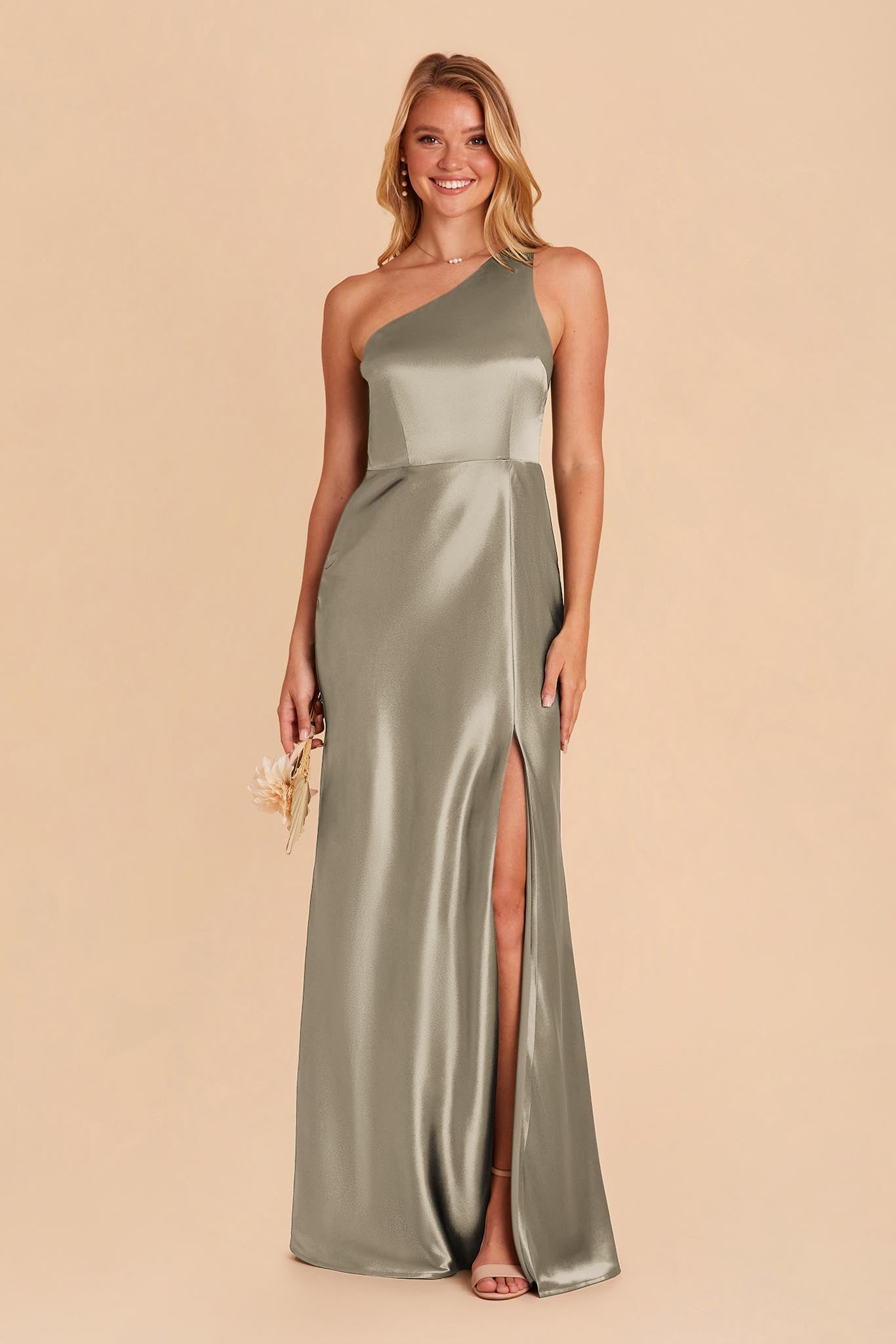 Kira One-Shoulder Satin Dress - Moss Green | Birdy Grey