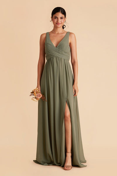 Laurie Empire maternity bridesmaid dress with slit in moss green by Birdy Grey, front view