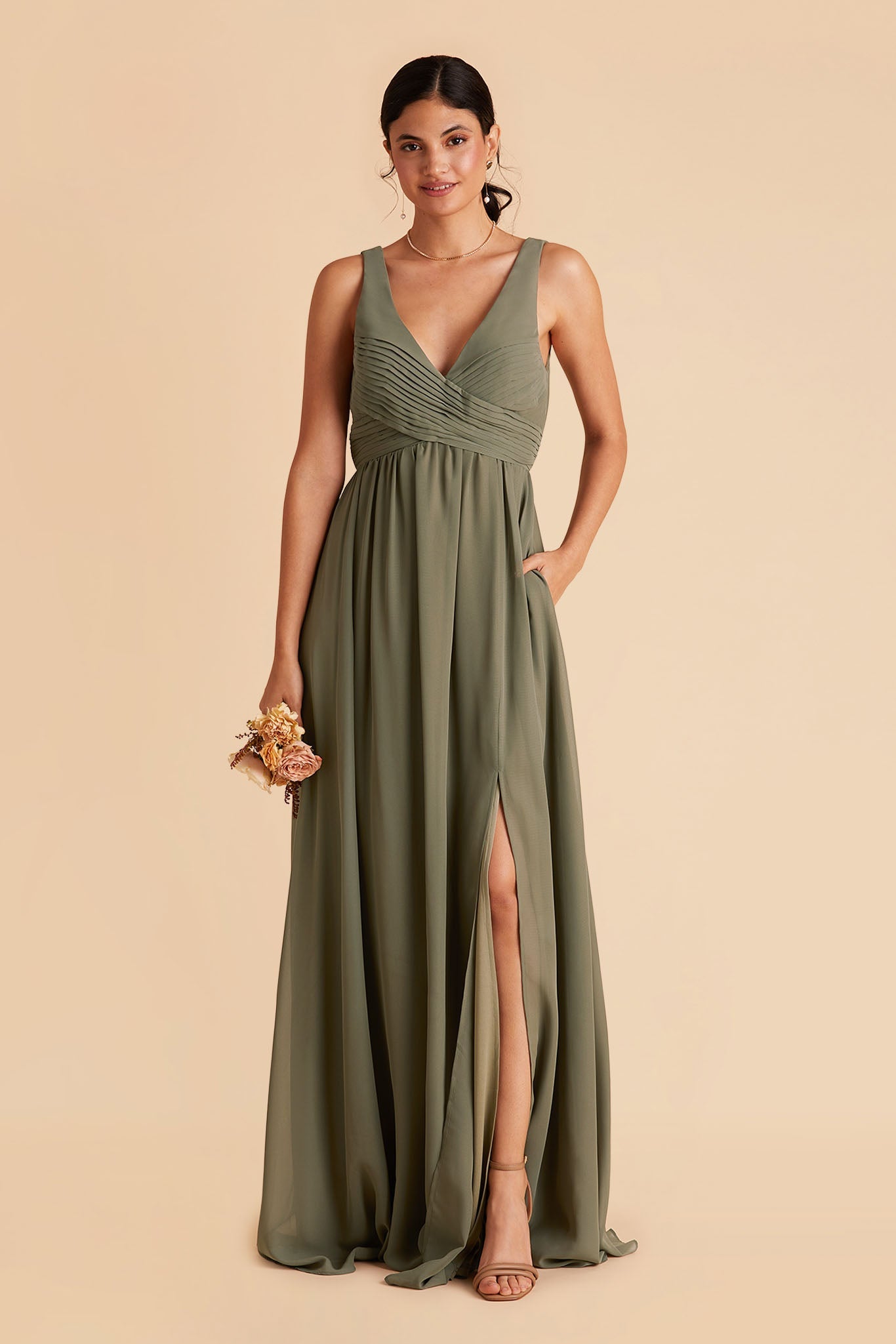 Laurie Empire maternity bridesmaid dress with slit in moss green by Birdy Grey, front view