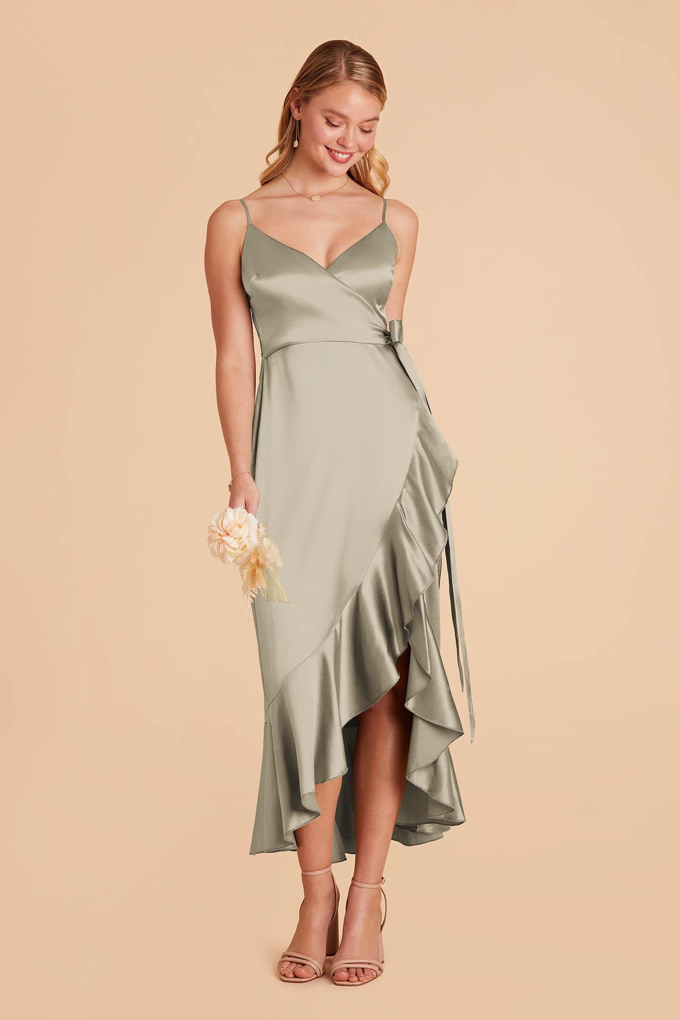 Romance Ruffle Dress ~ Moss Green Luxe Satin XXS
