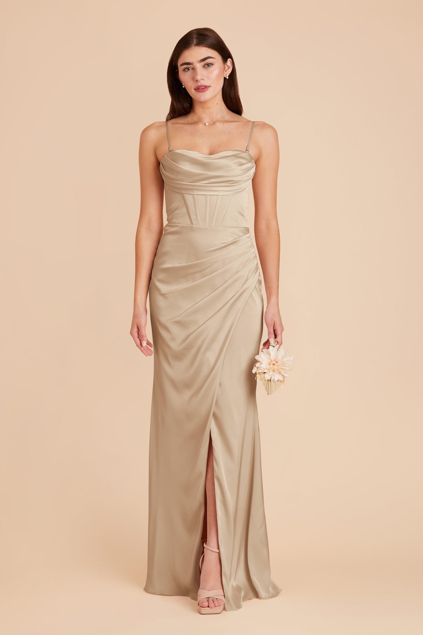 Neutral Champagne Carrie Matte Satin Dress by Birdy Grey