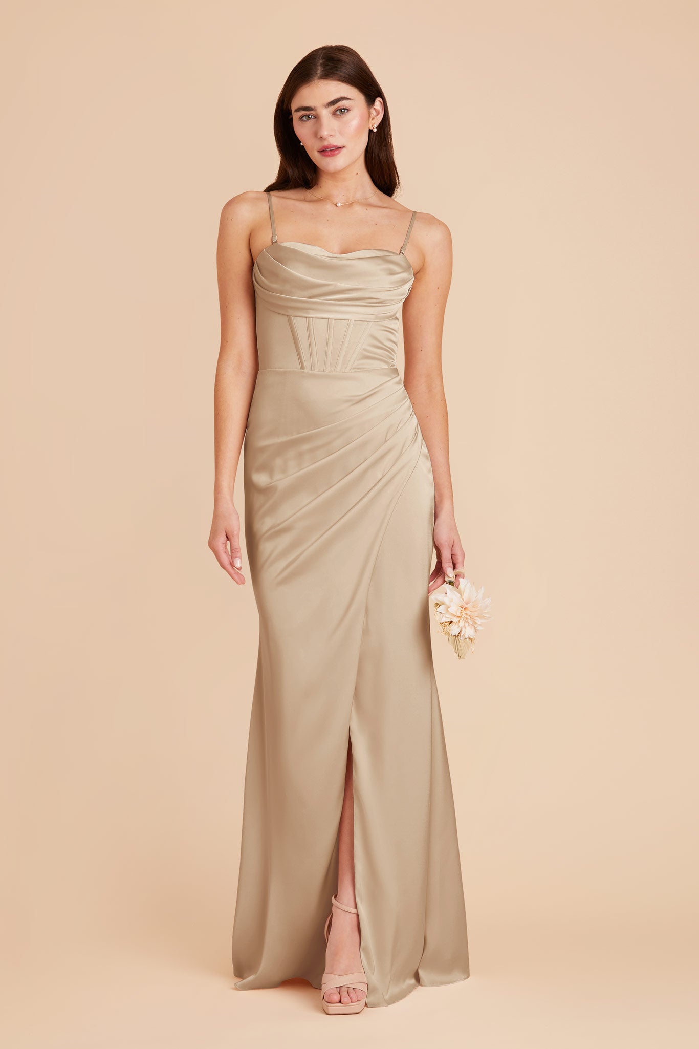 Neutral Champagne Carrie Matte Satin Dress by Birdy Grey