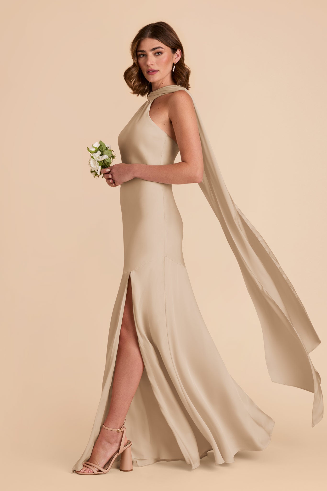 Neutral Champagne Eileen Matte Satin Dress by Birdy Grey