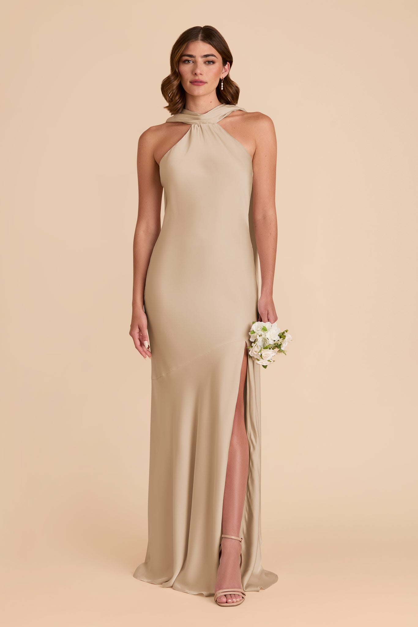 Neutral Champagne Eileen Matte Satin Dress by Birdy Grey