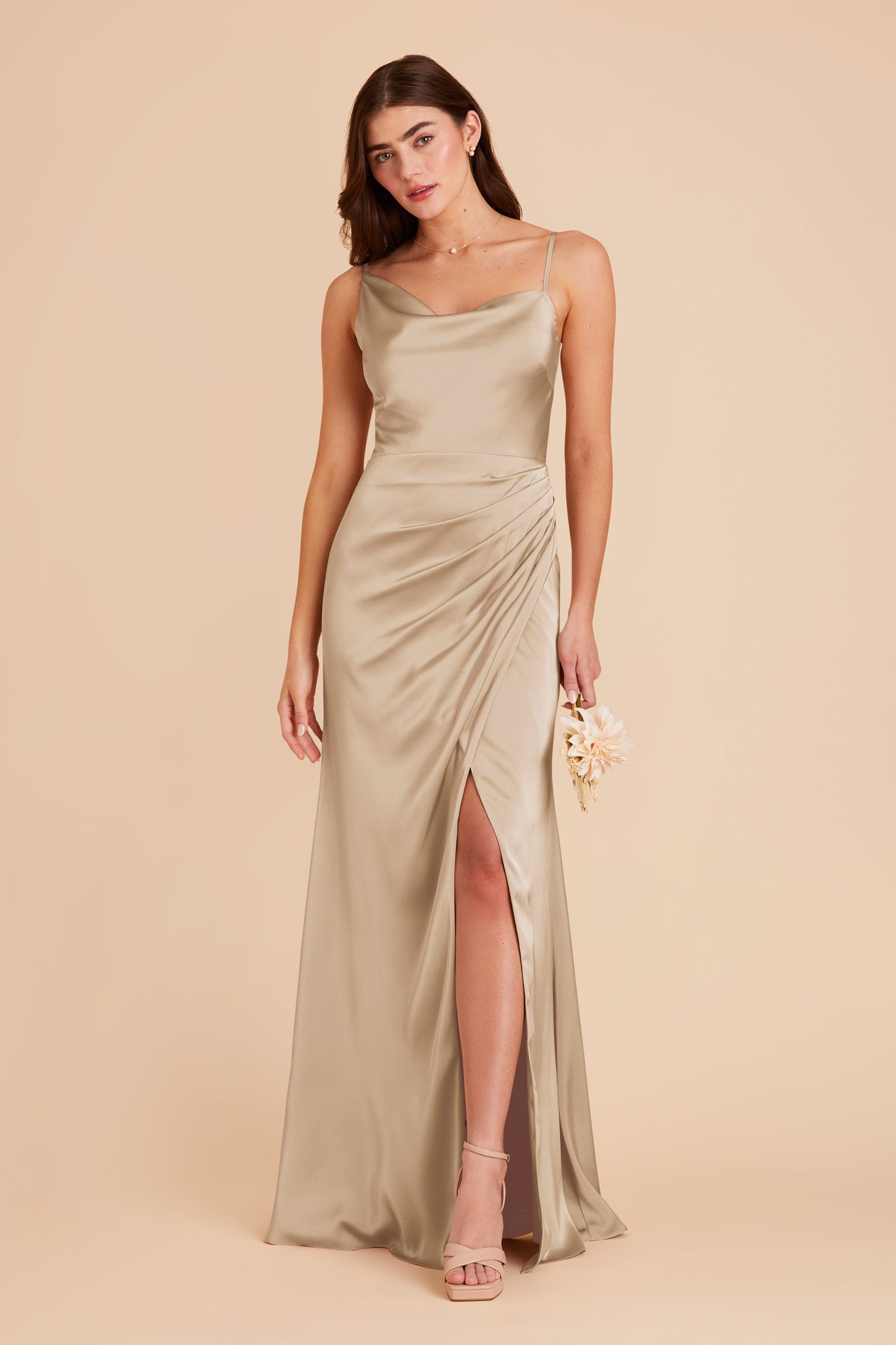 Neutral Champagne Jennifer Matte Satin Dress by Birdy Grey