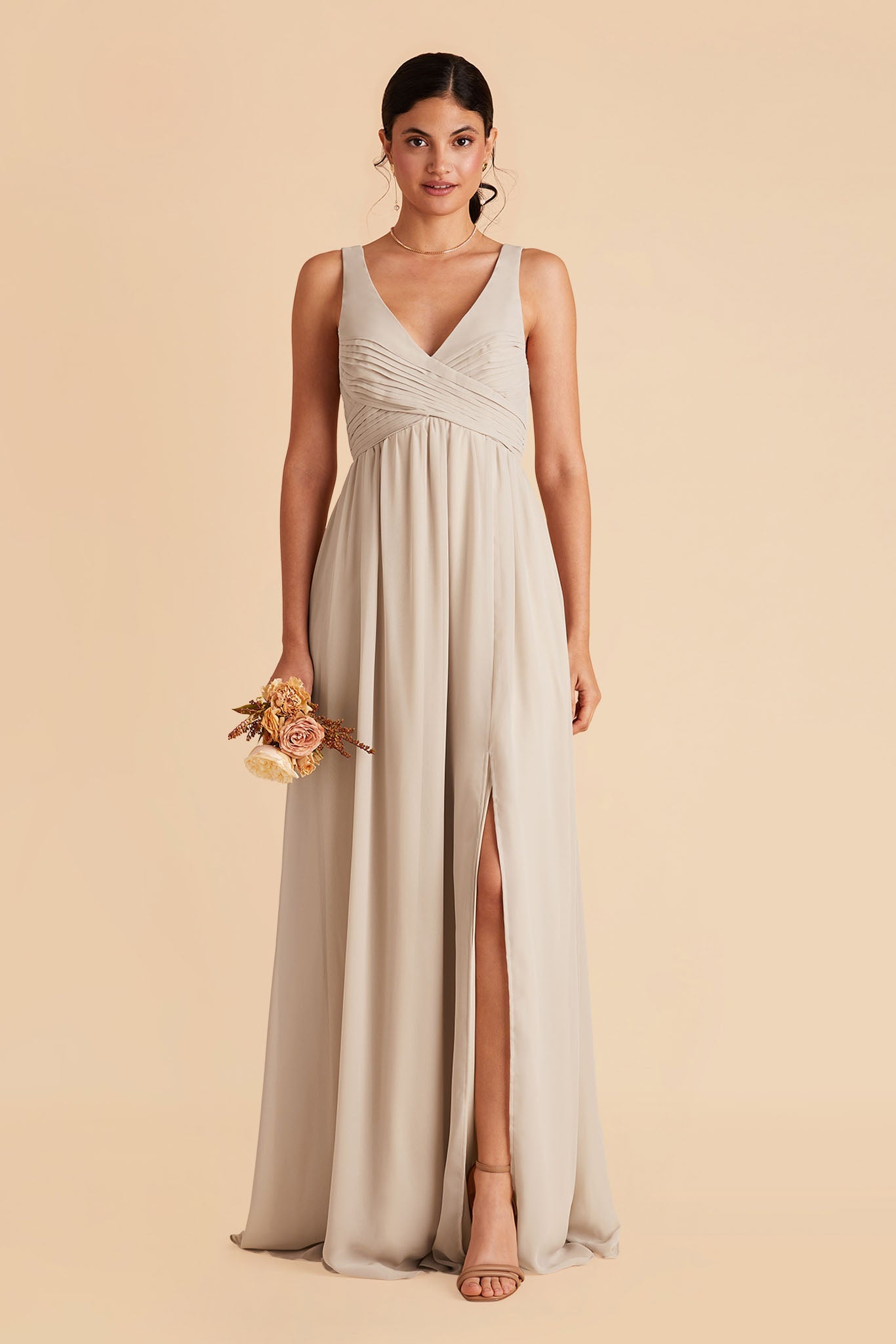 Laurie Empire maternity bridesmaid dress with slit in neutral champagne by Birdy Grey, front view