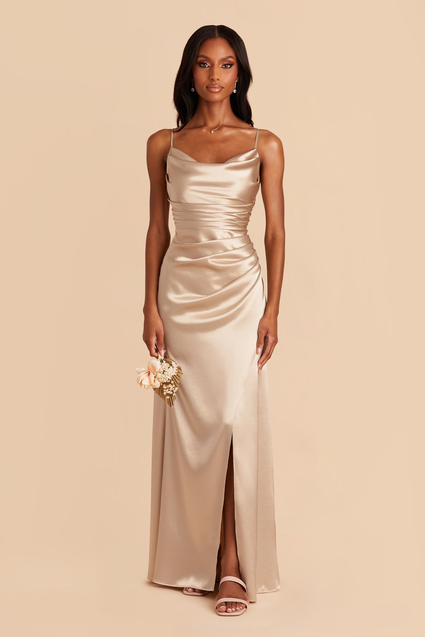 Lydia Neutral Champagne Cowl Neck Satin Bridesmaid Dress Birdy Grey