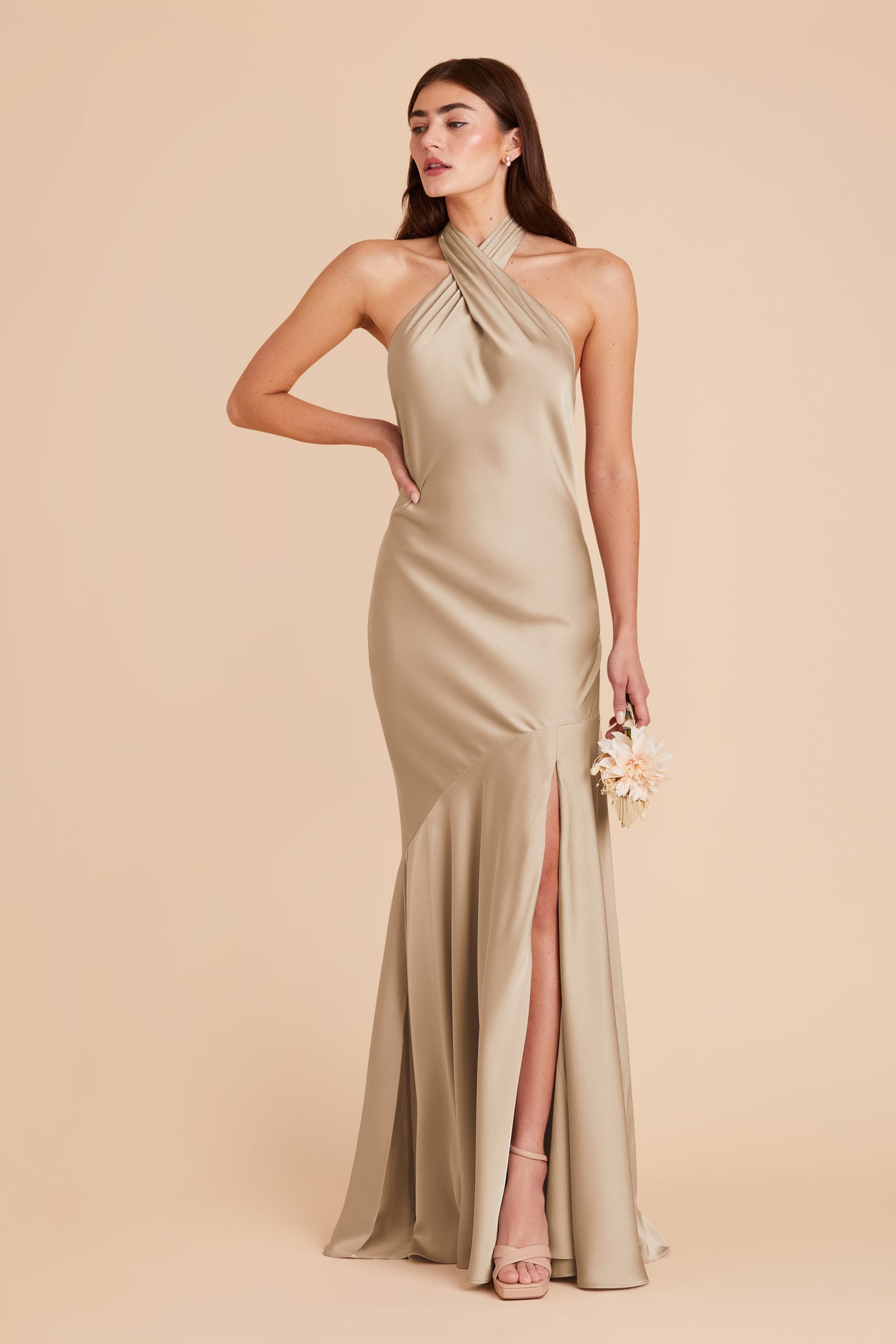 Neutral Champagne Stephanie Matte Satin Dress by Birdy Grey