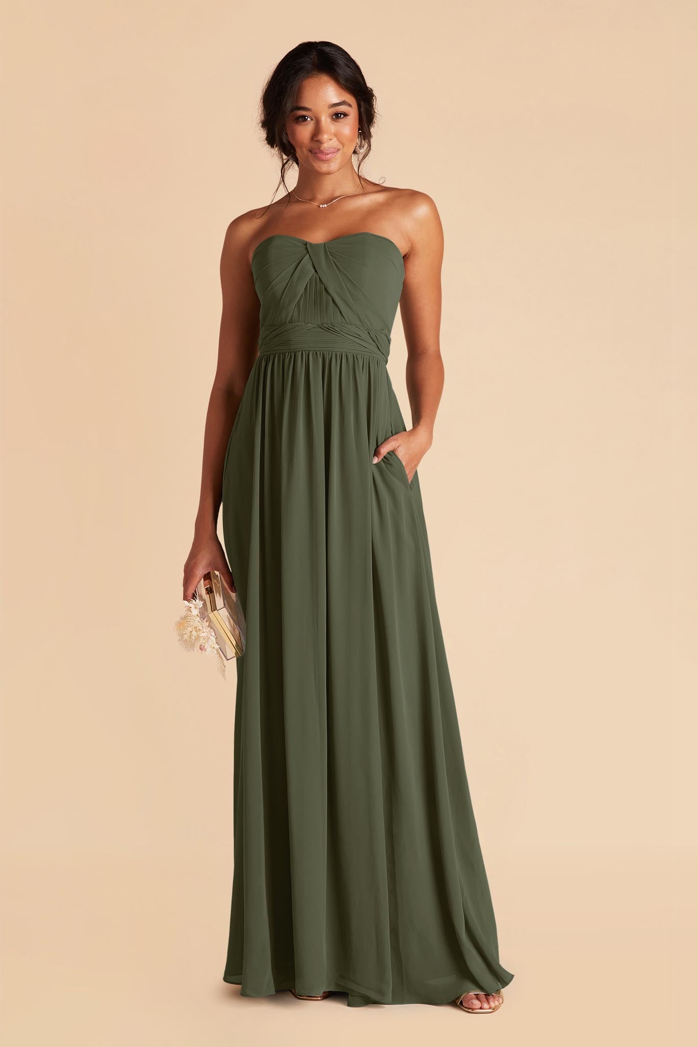 ASOS DESIGN Bridesmaid satin cowl neck maxi dress with full skirt in olive  green | ASOS