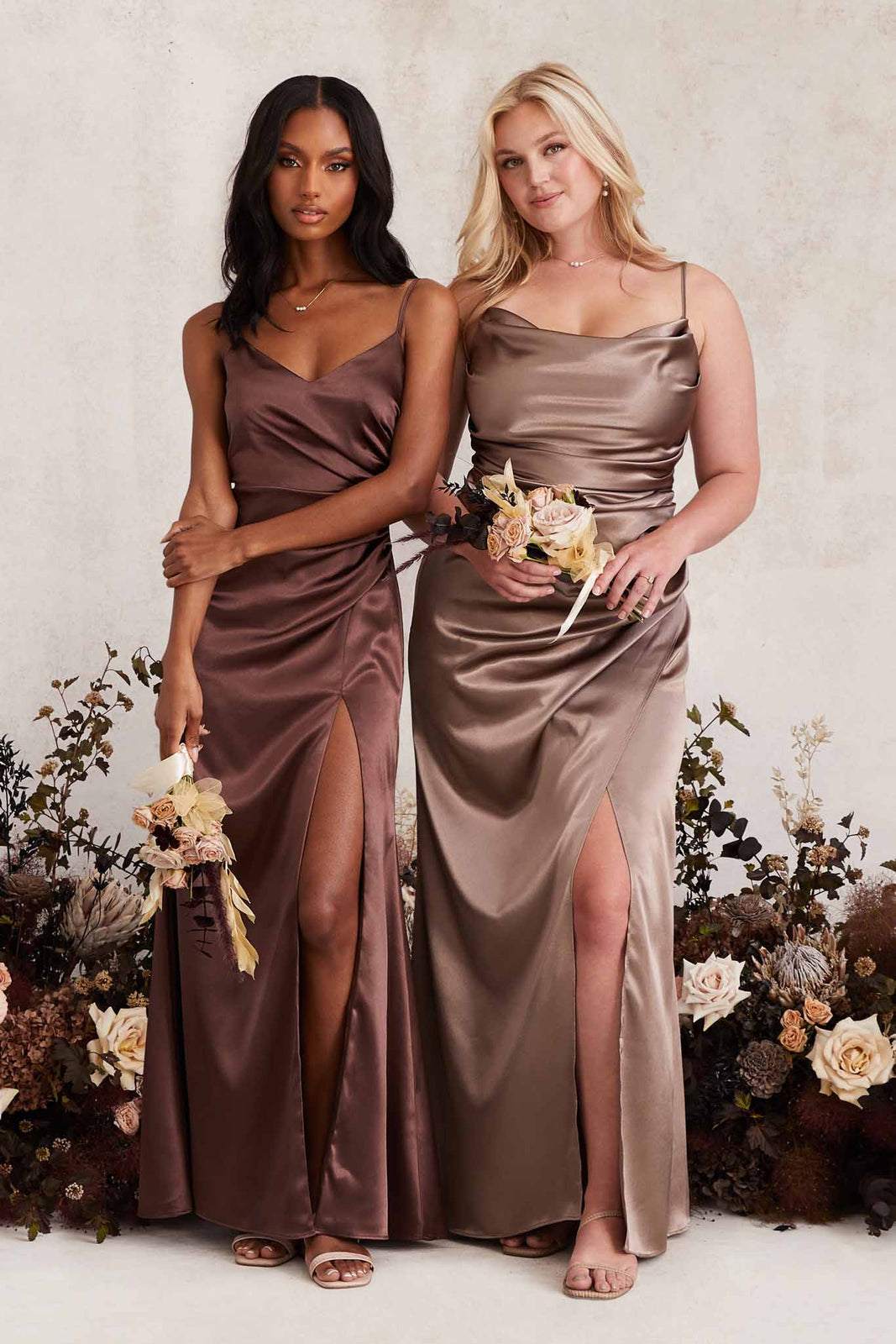 Lisa Long Satin Bridesmaid Dress in Chocolate Brown