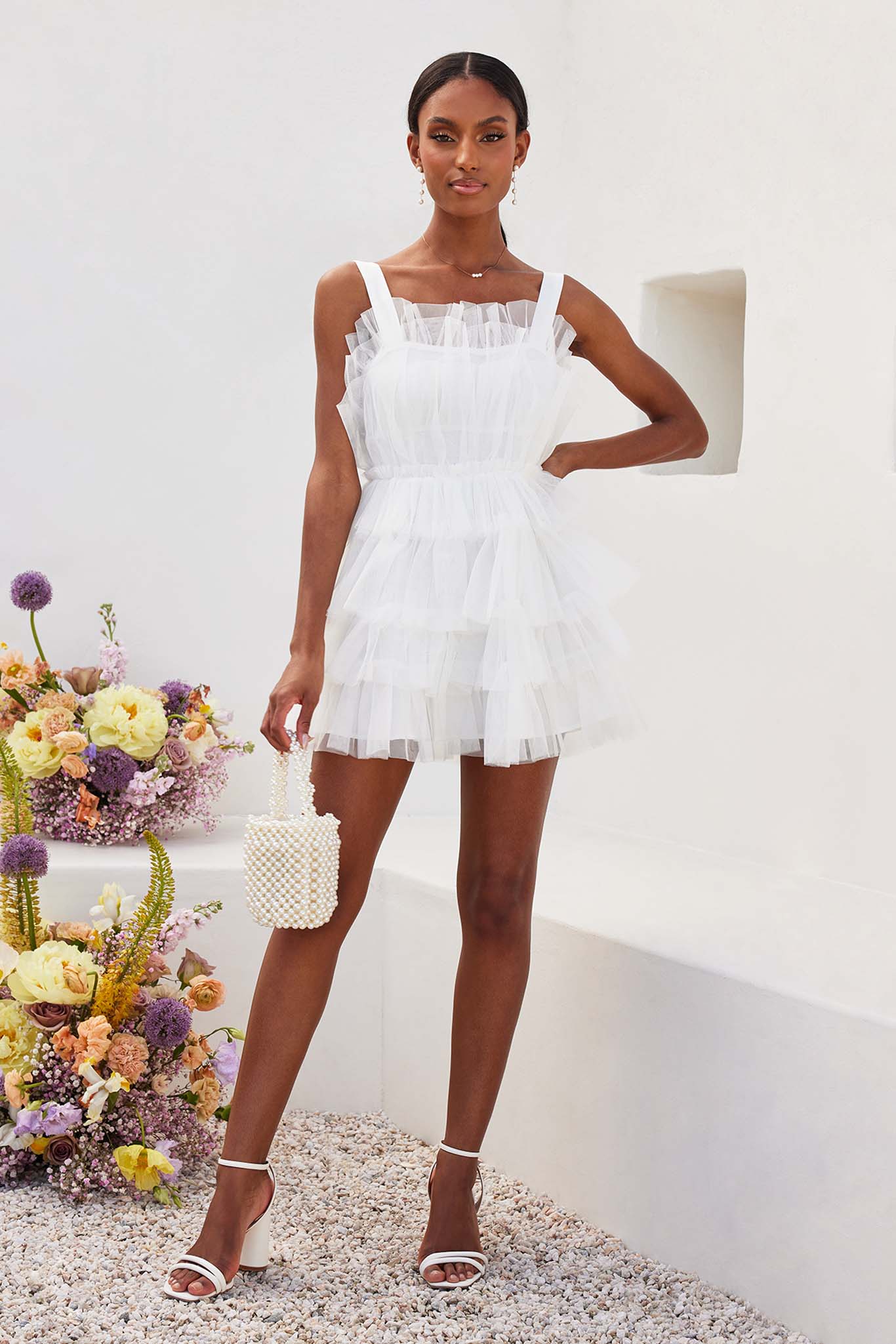 White Tulle Tiered Mini Dress