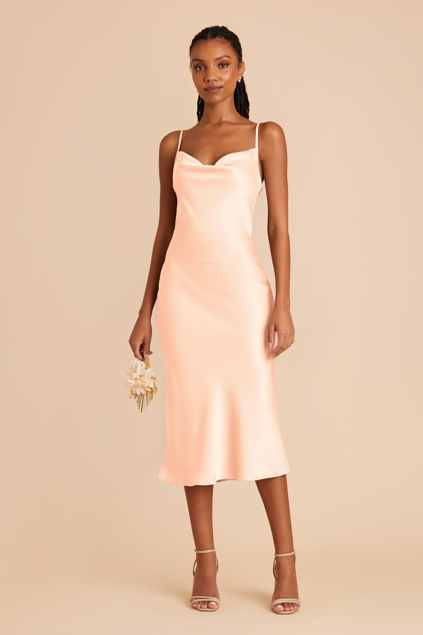 Lisa Matte Satin Cowl Neck Midi Slip Bridesmaid Dress in Peach Cream |  Birdy Grey