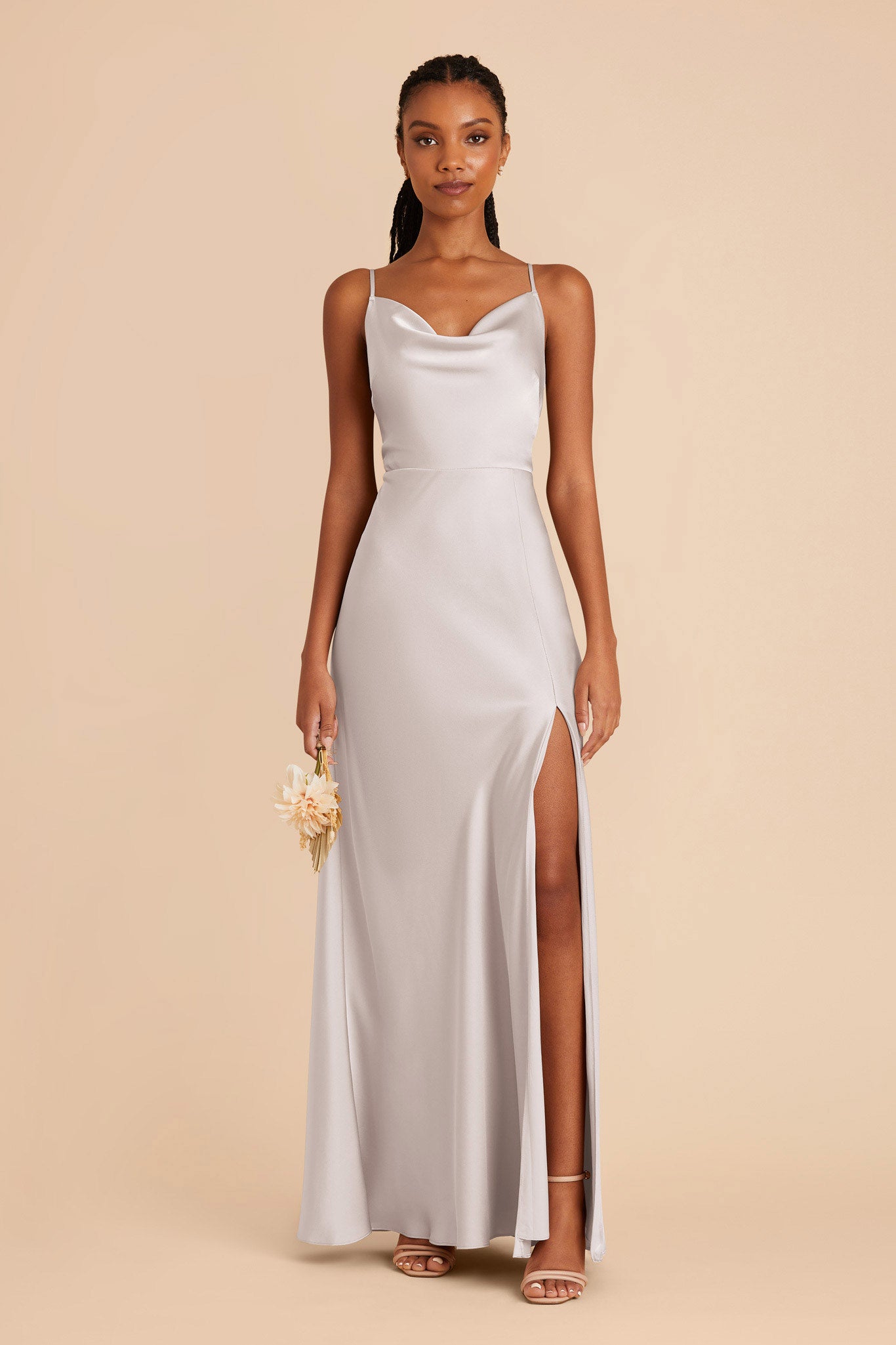 Platinum Lisa Long Matte Satin Dress by Birdy Grey