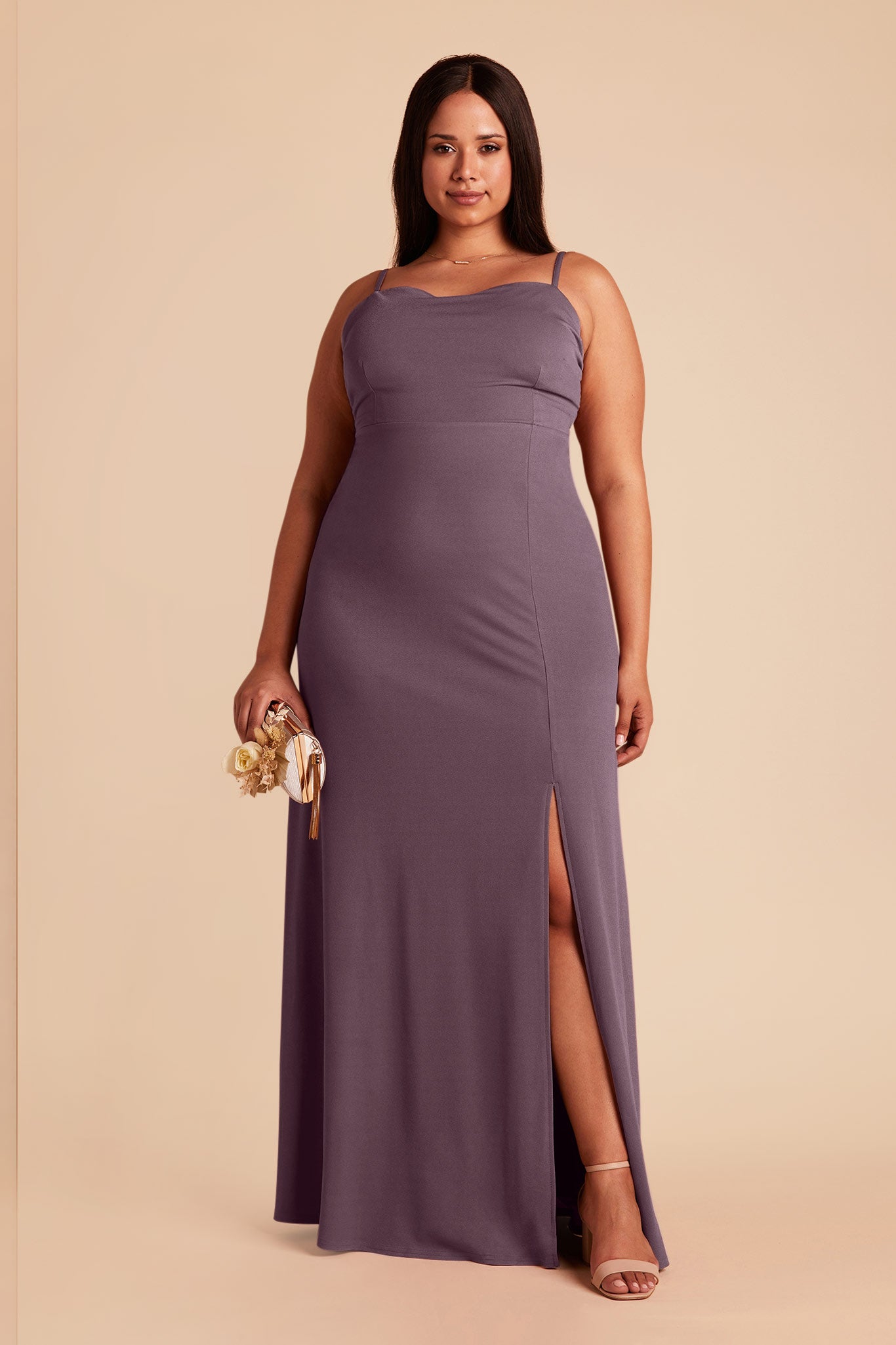 Benny Tie Back Bridesmaid Dress with Slit in Crepe Taupe