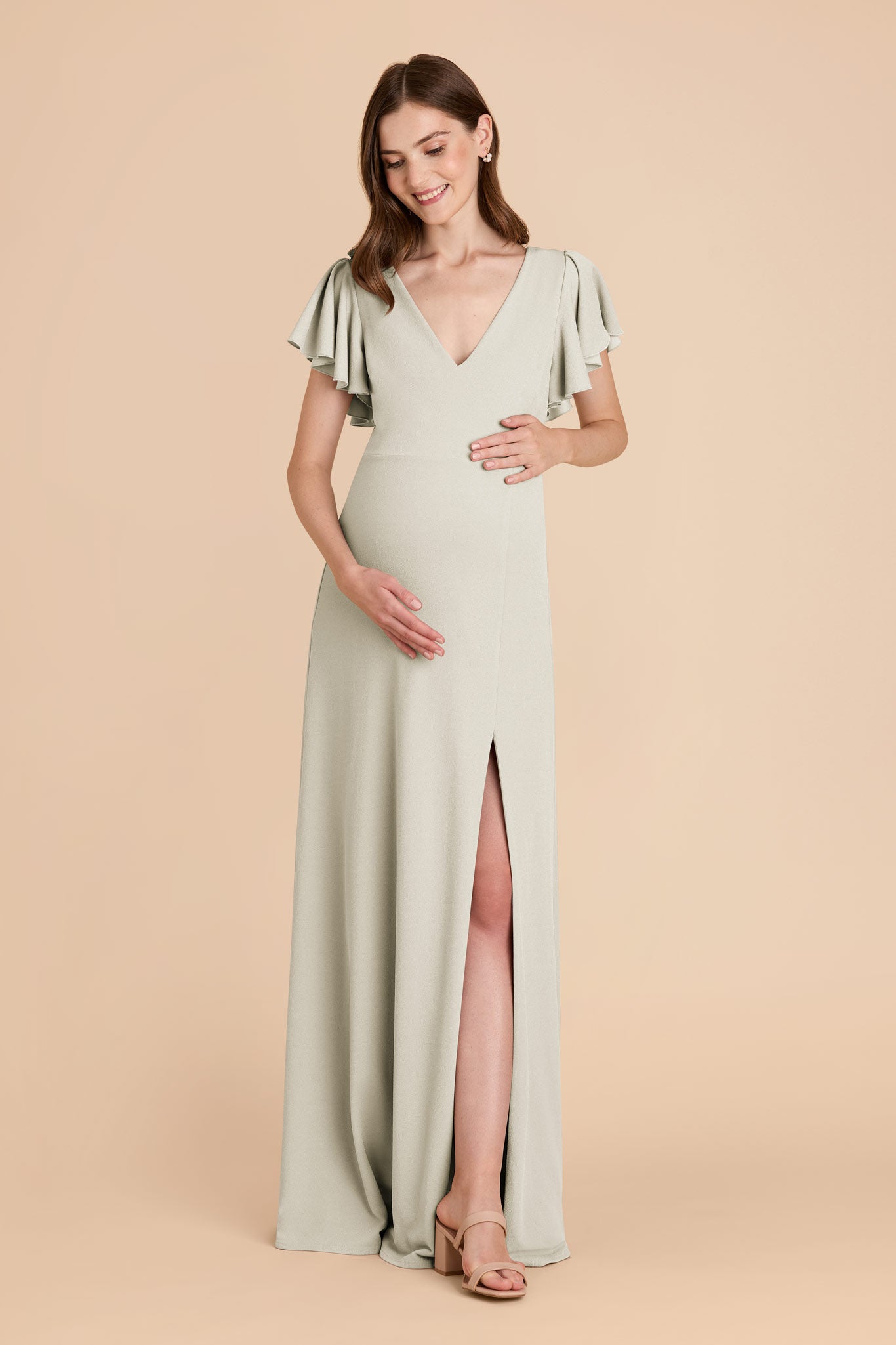 Hannah bridesmaid dress with slit in sage green crepe by Birdy Grey, front view