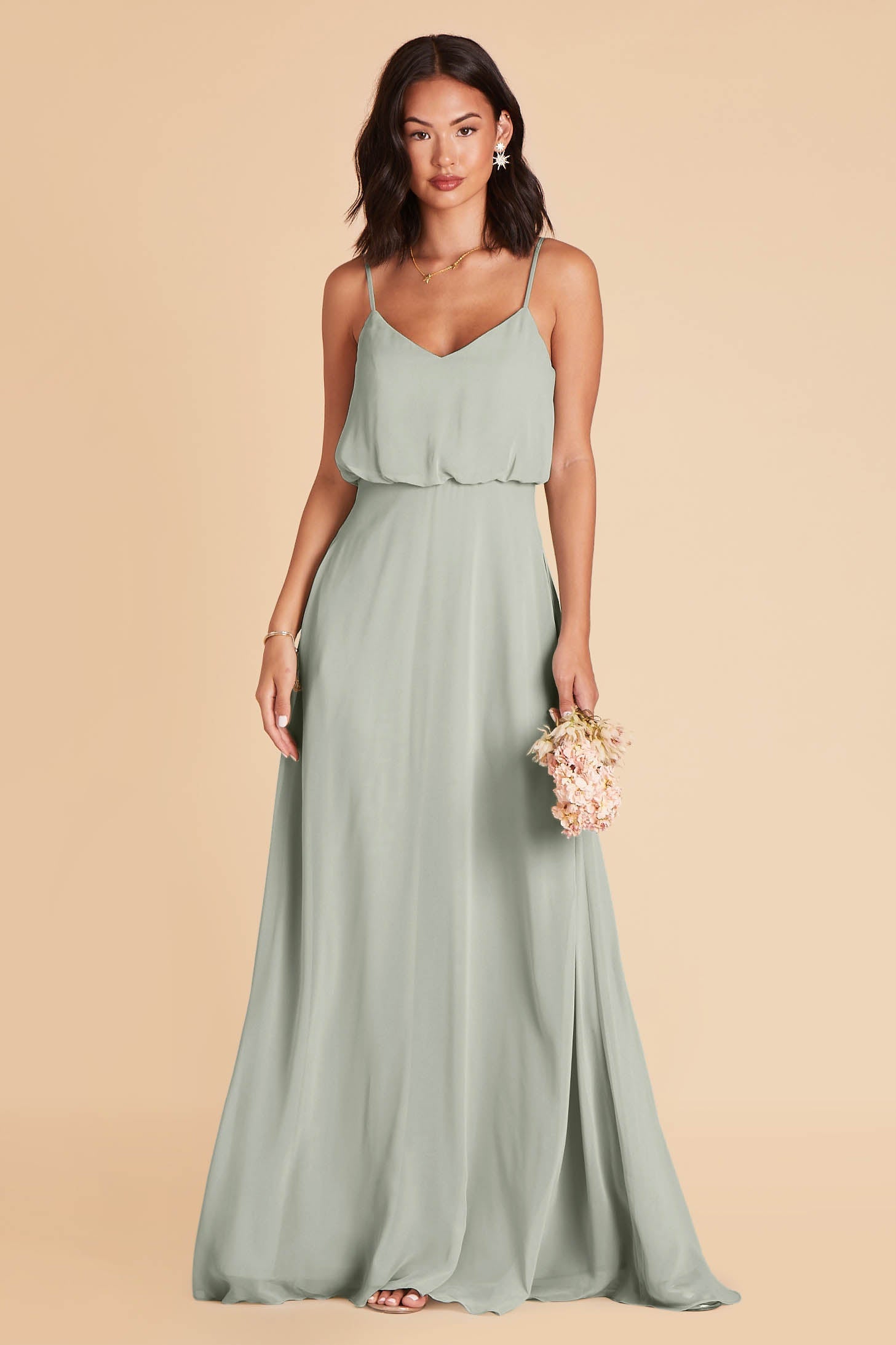 Gwennie bridesmaid dress in sage green chiffon by Birdy Grey, front view