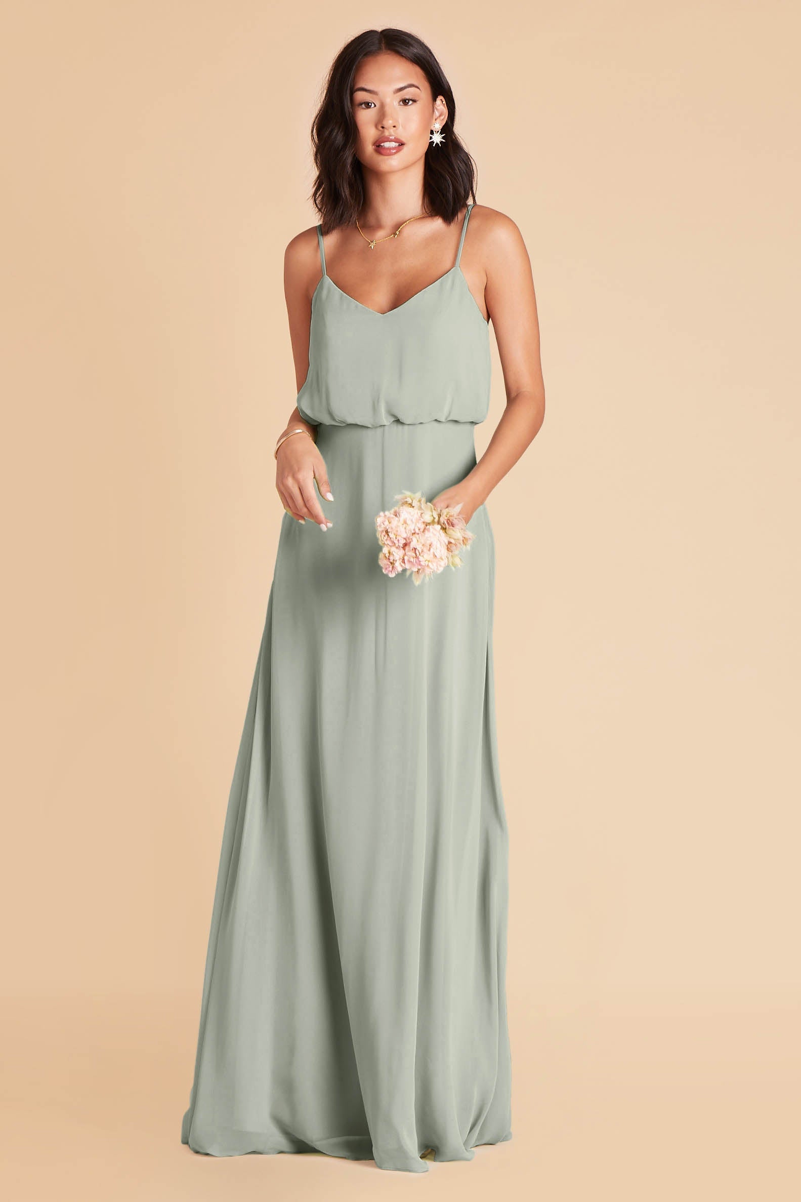 Gwennie bridesmaid dress in sage green chiffon by Birdy Grey, front view