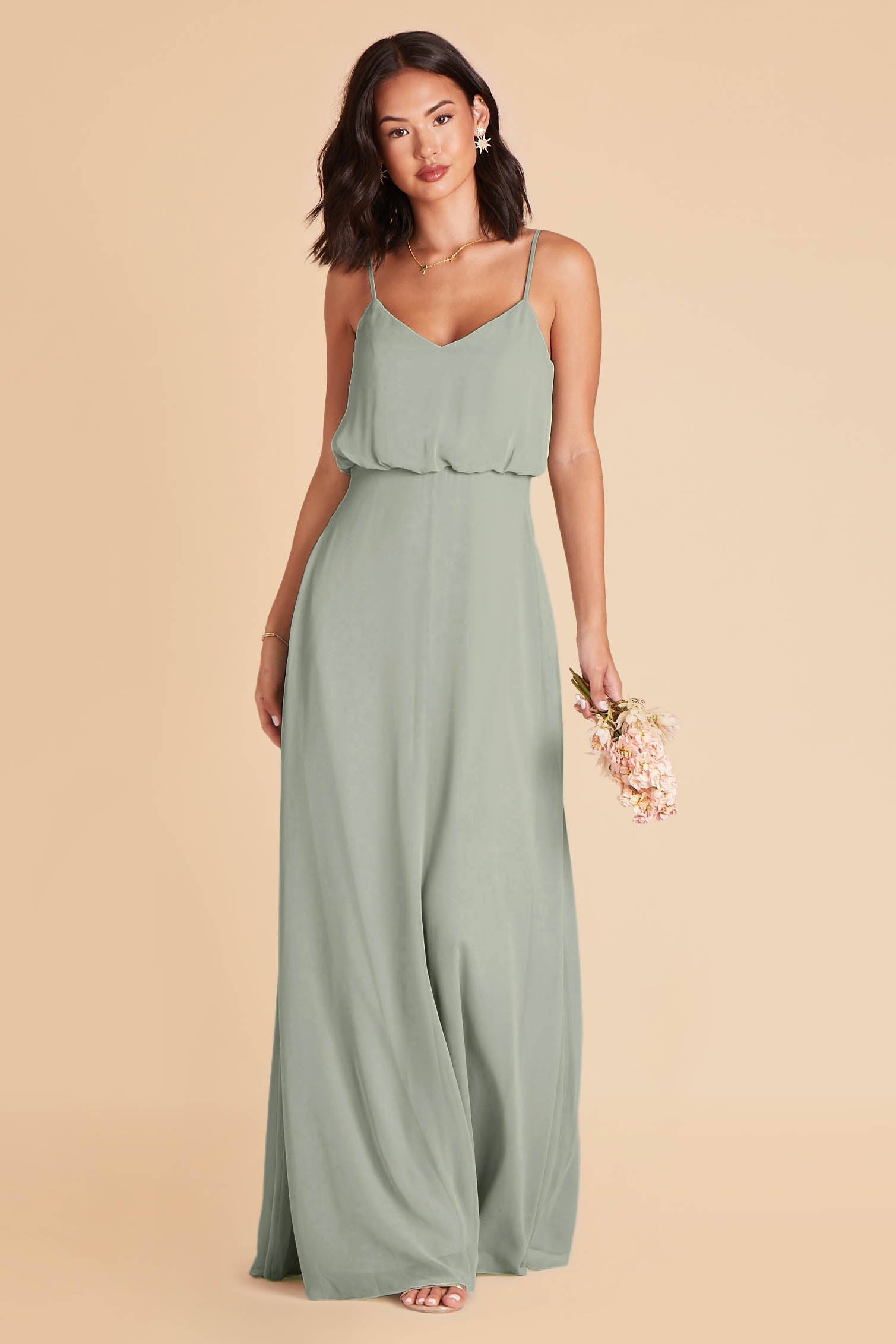 Gwennie bridesmaid dress in sage green chiffon by Birdy Grey, front view