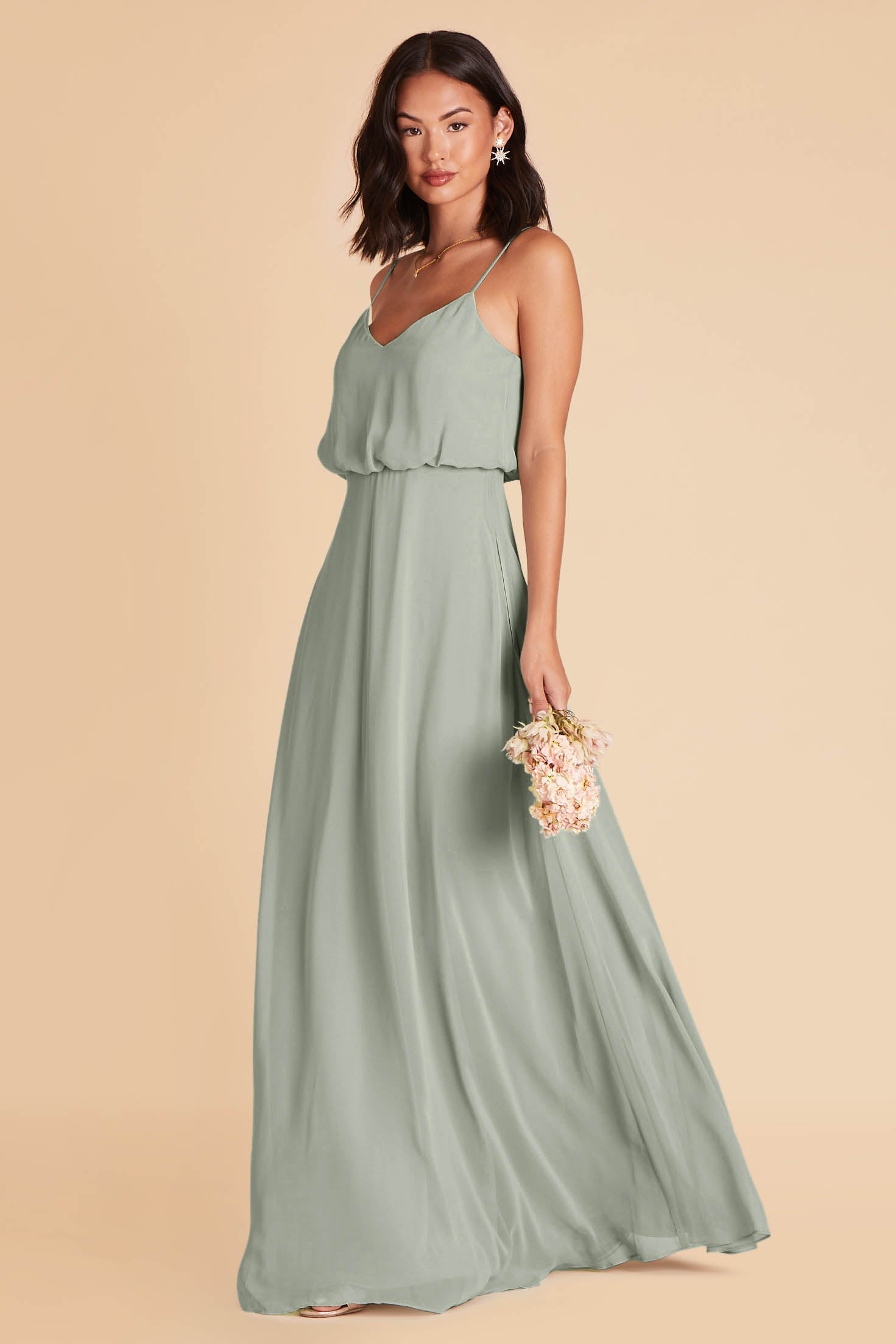 Gwennie bridesmaid dress in sage green chiffon by Birdy Grey, front view