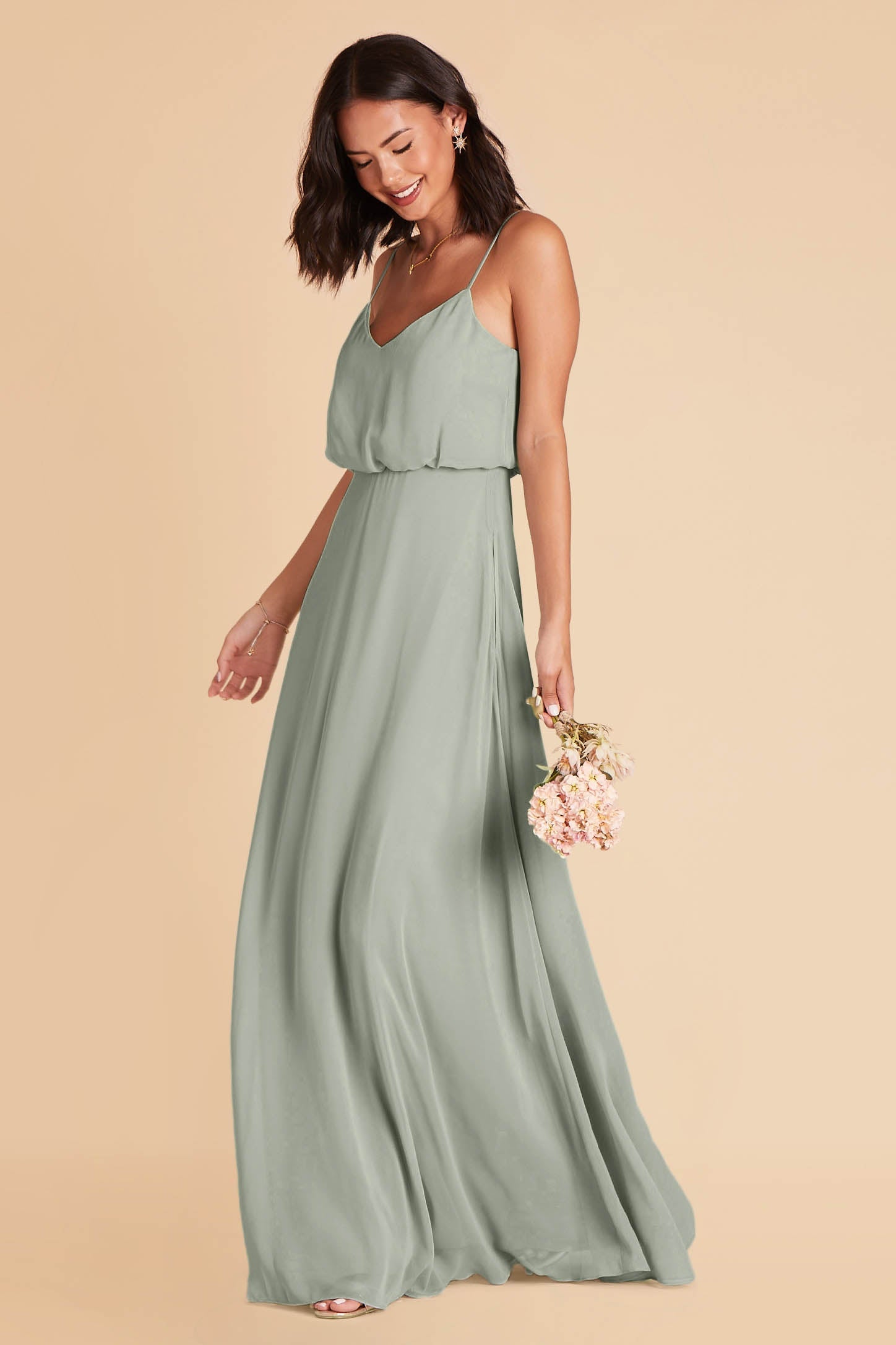 Gwennie bridesmaid dress in sage green chiffon by Birdy Grey, front view