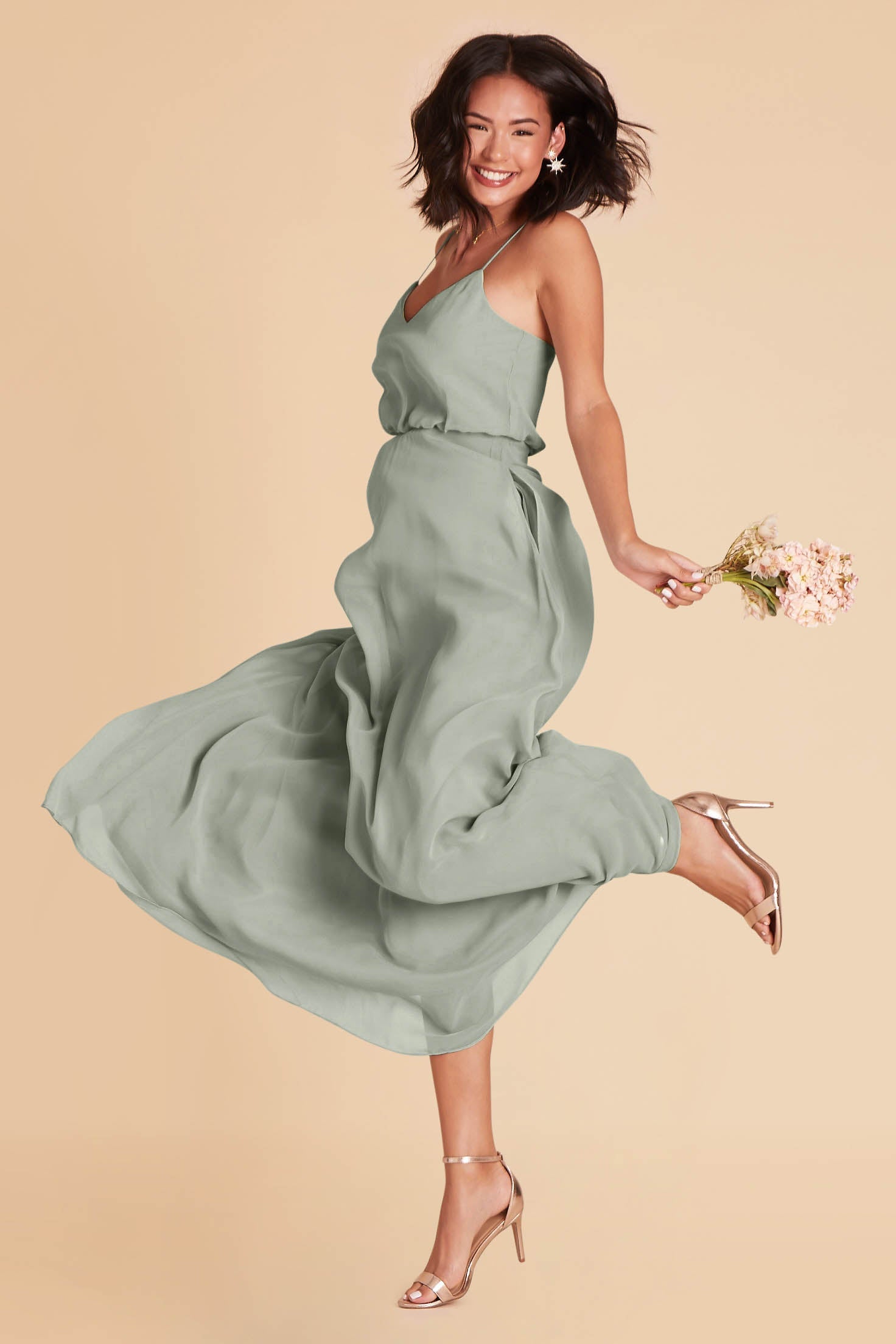 Gwennie bridesmaid dress in sage green chiffon by Birdy Grey, front view