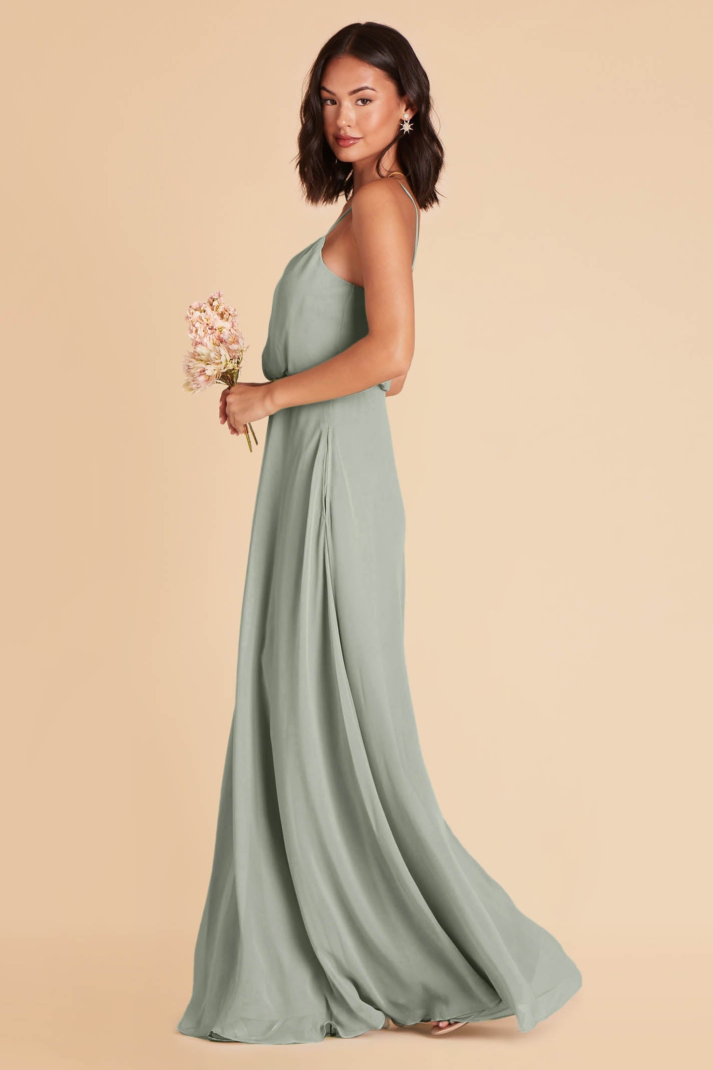 Gwennie bridesmaid dress in sage green chiffon by Birdy Grey, side view