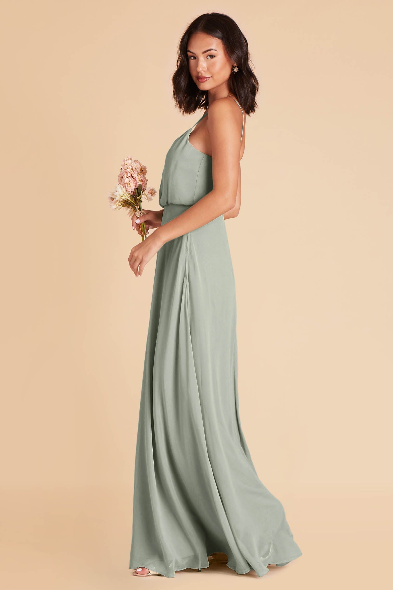 Gwennie bridesmaid dress in sage green chiffon by Birdy Grey, side view