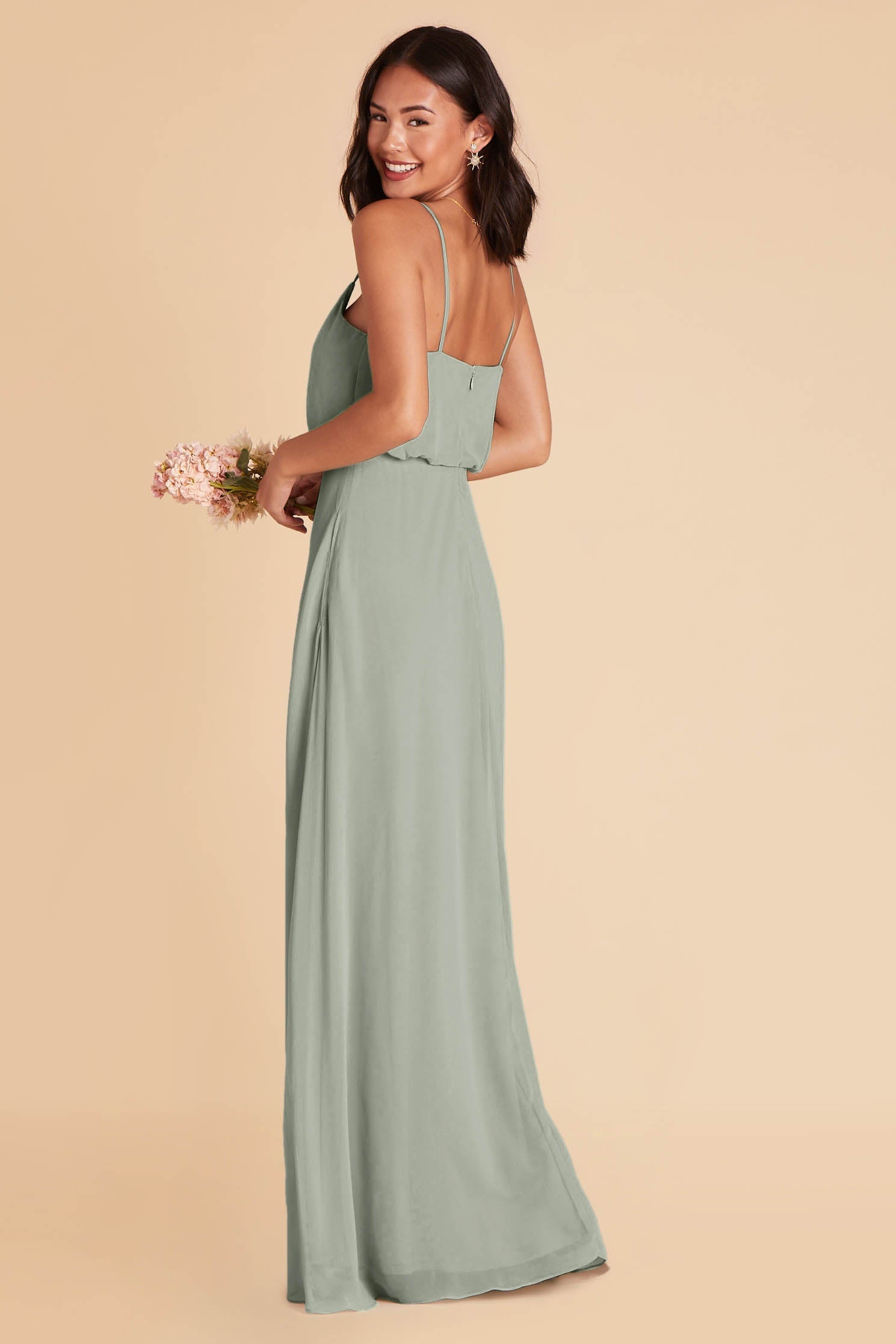 Gwennie bridesmaid dress in sage green chiffon by Birdy Grey, side view