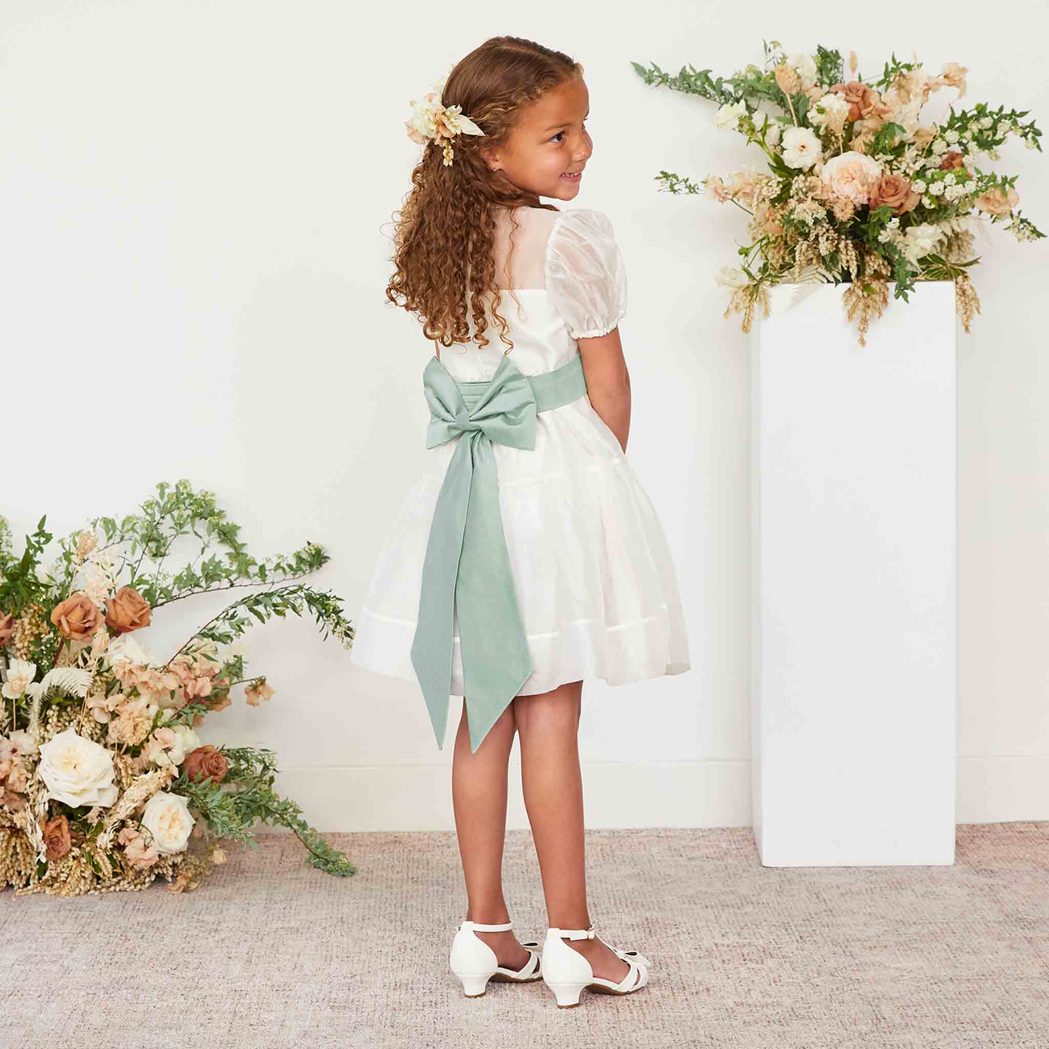 Flower girl dresses 2025 with green sash