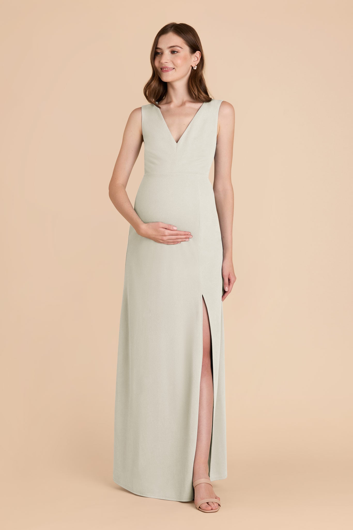 Shamin bridesmaid dress with slit in sage green crepe by Birdy Grey, front view