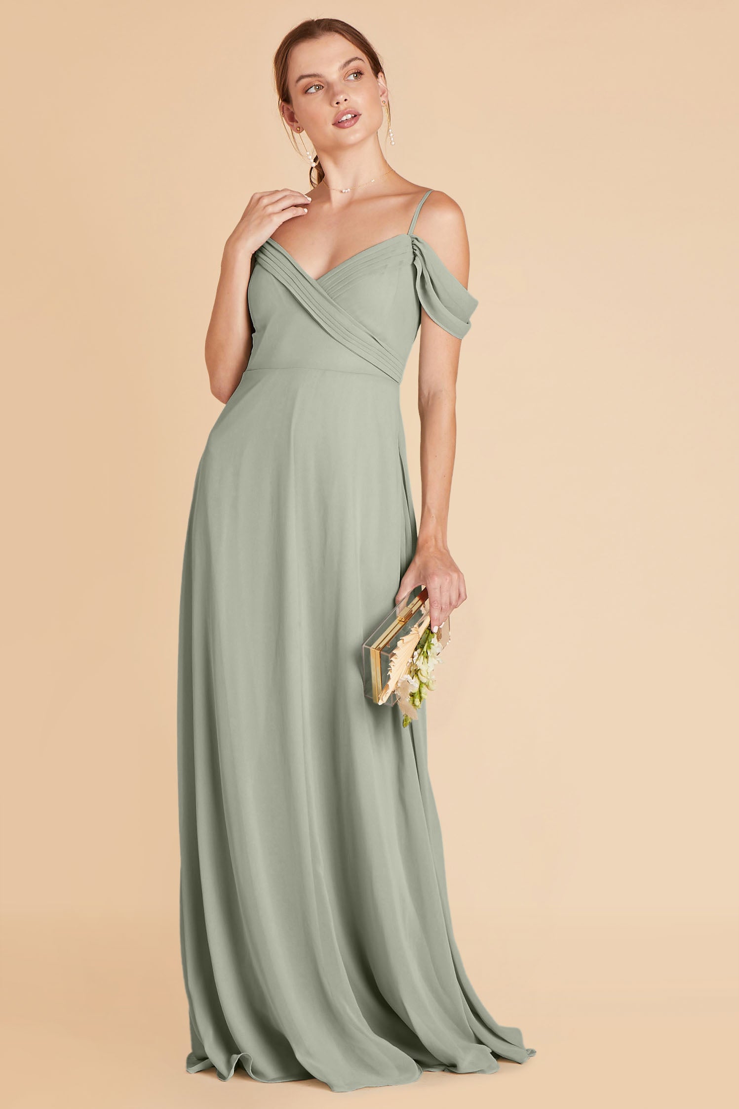 Spence convertible bridesmaid dress in sage green chiffon by Birdy Grey, front view