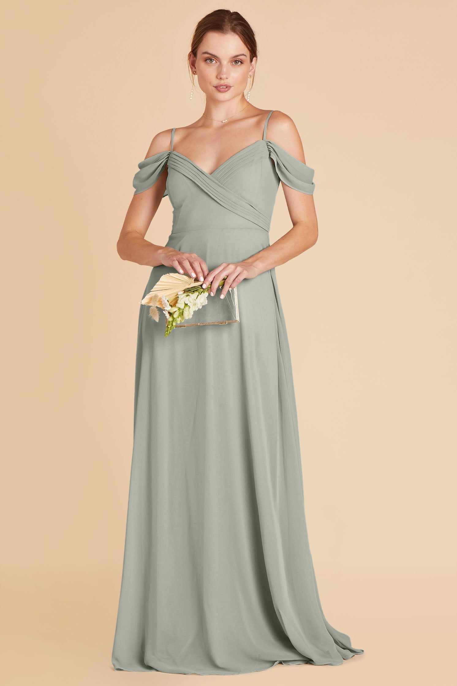 Spence convertible bridesmaid dress in sage green chiffon by Birdy Grey, front view